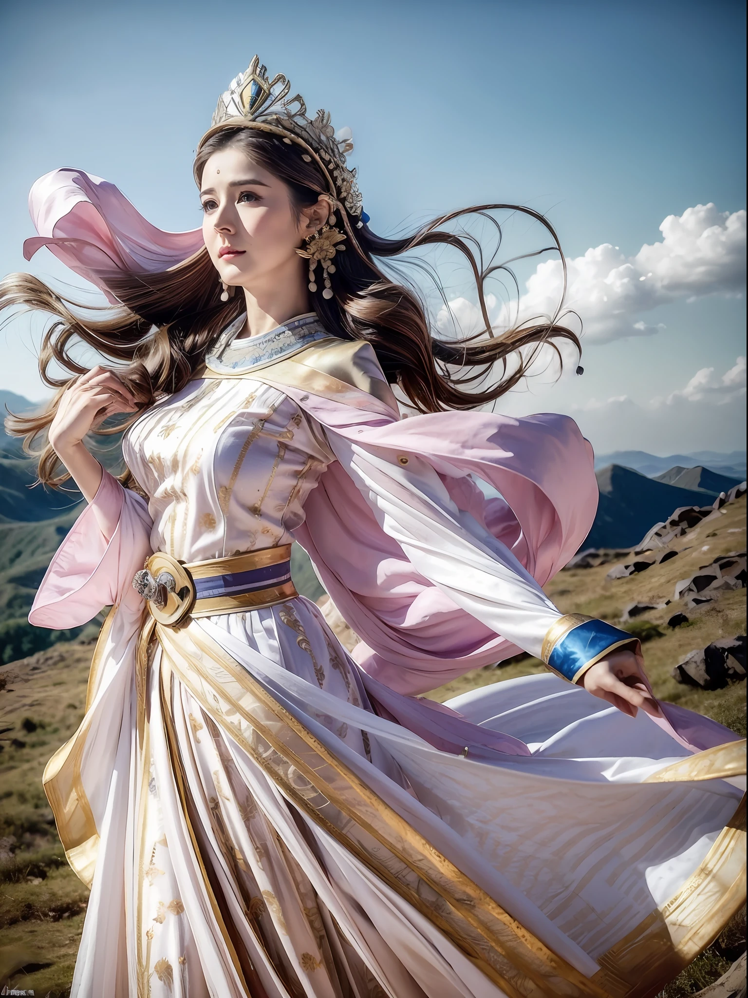 Marian Rivera, a goddess, wear traditional clothes, epic, clothes wave in the air, hair wave in the air, stand on the top of a mountain, serious look, dust on face, extreme beautiful, ultra detailed, photo realistic, full shot, ultra wide shot, mesmerizing, fantasy, dust in the air