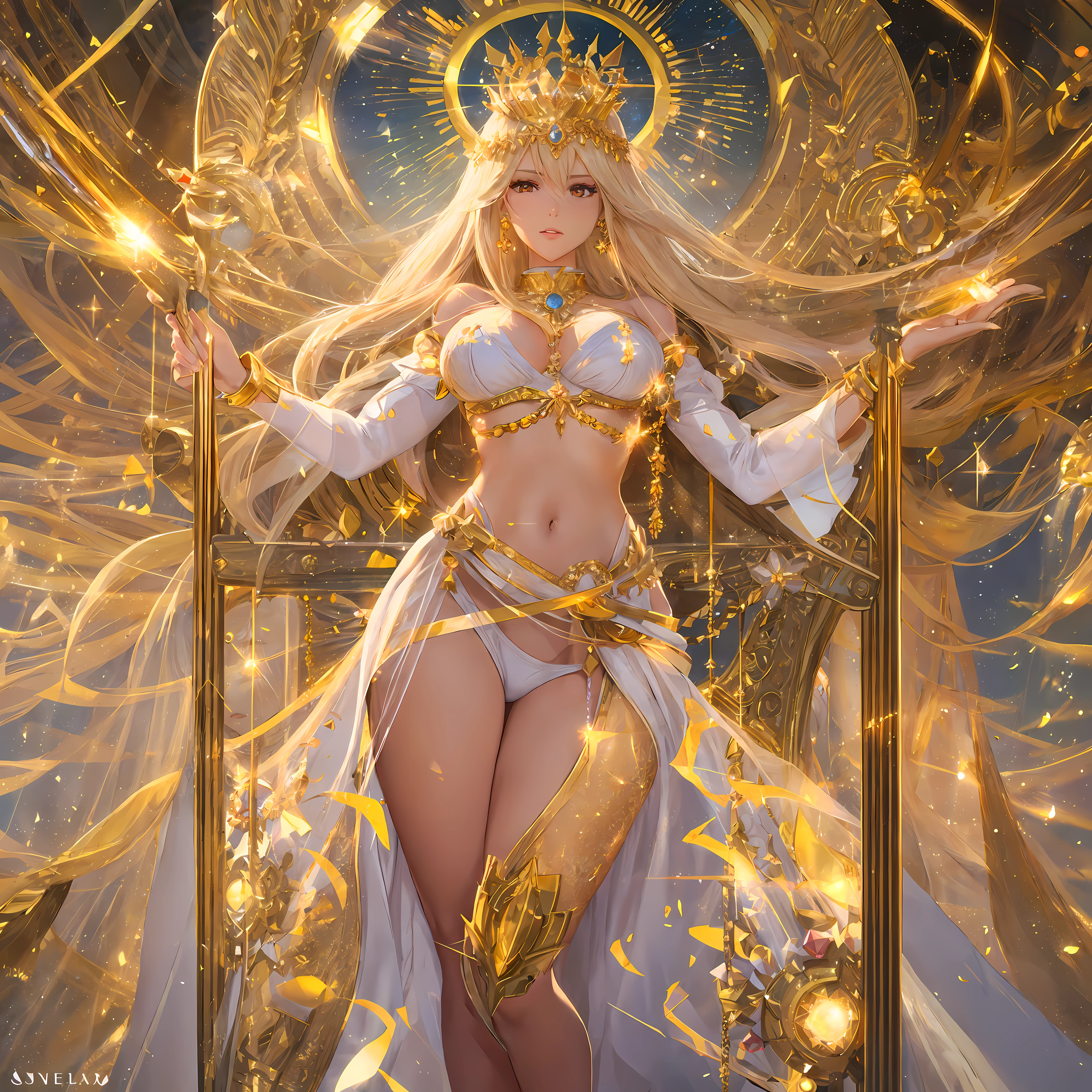 arafed woman in a white bikini and gold crown standing in a tunnel, cinematic goddess body shot, goddess of light, the sailor galaxia. beautiful, celestial goddess, a beautiful fantasy empress, golden goddess, as the goddess of the sun, goddess of the sun, cinematic goddess shot, golden goddess athena, full body cgsociety, angelic golden armor