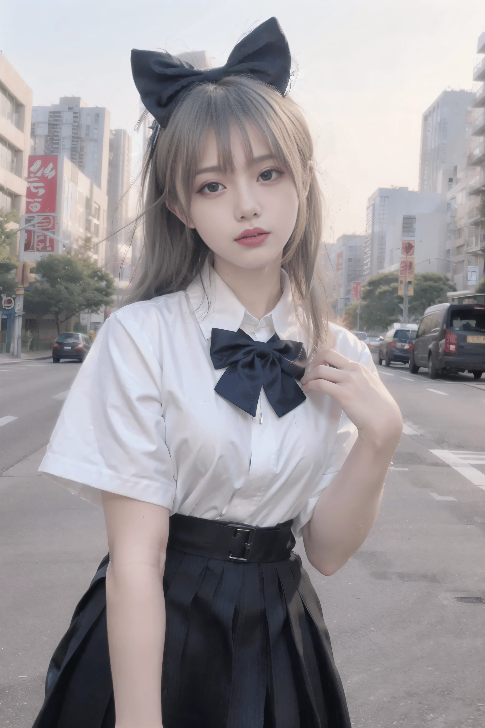 (8k, RAW photo, best quality, masterpiece:1.3),(realistic,photo-realistic:1.37),(night),(looking at viewer:1.331),(white hair),posing,Tokyo street,nightcityscape, cyberpunk city,soft light,1girl,extremely beautiful face,bust,put down hands,Random hairstyle,Random expression,big eyes, ,lower abdomen,(short-sleeved 
JK_shirt),JK_style,(dark blue JK_skirt) ,(bow JK_tie),mix4