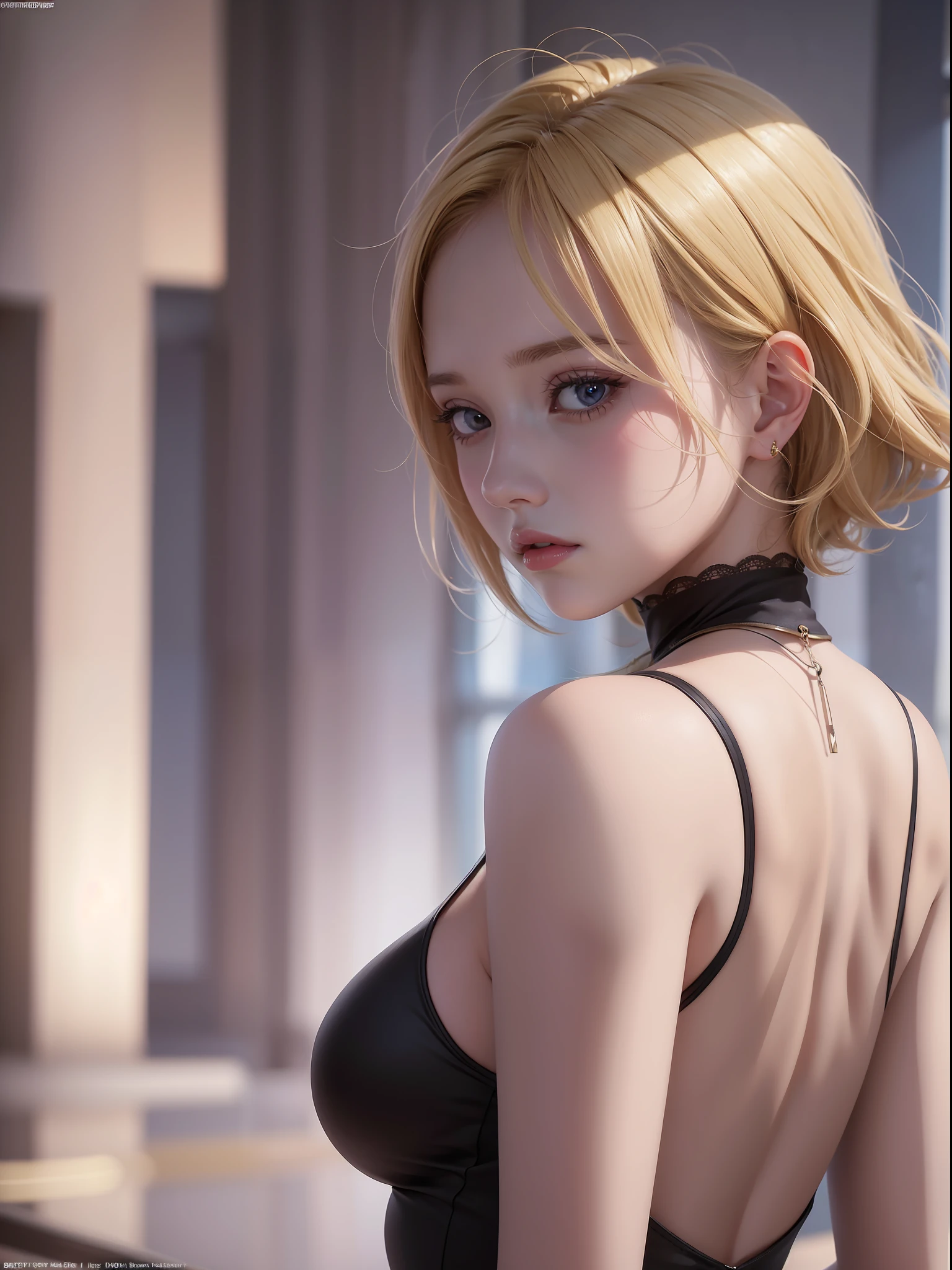 official art, unity 8k wallpaper, ultra detailed, beautiful and aesthetic, beautiful, masterpiece, best quality, a girl has beautiful face, looking at viewer, short blonde hair, back, back, hip , dress