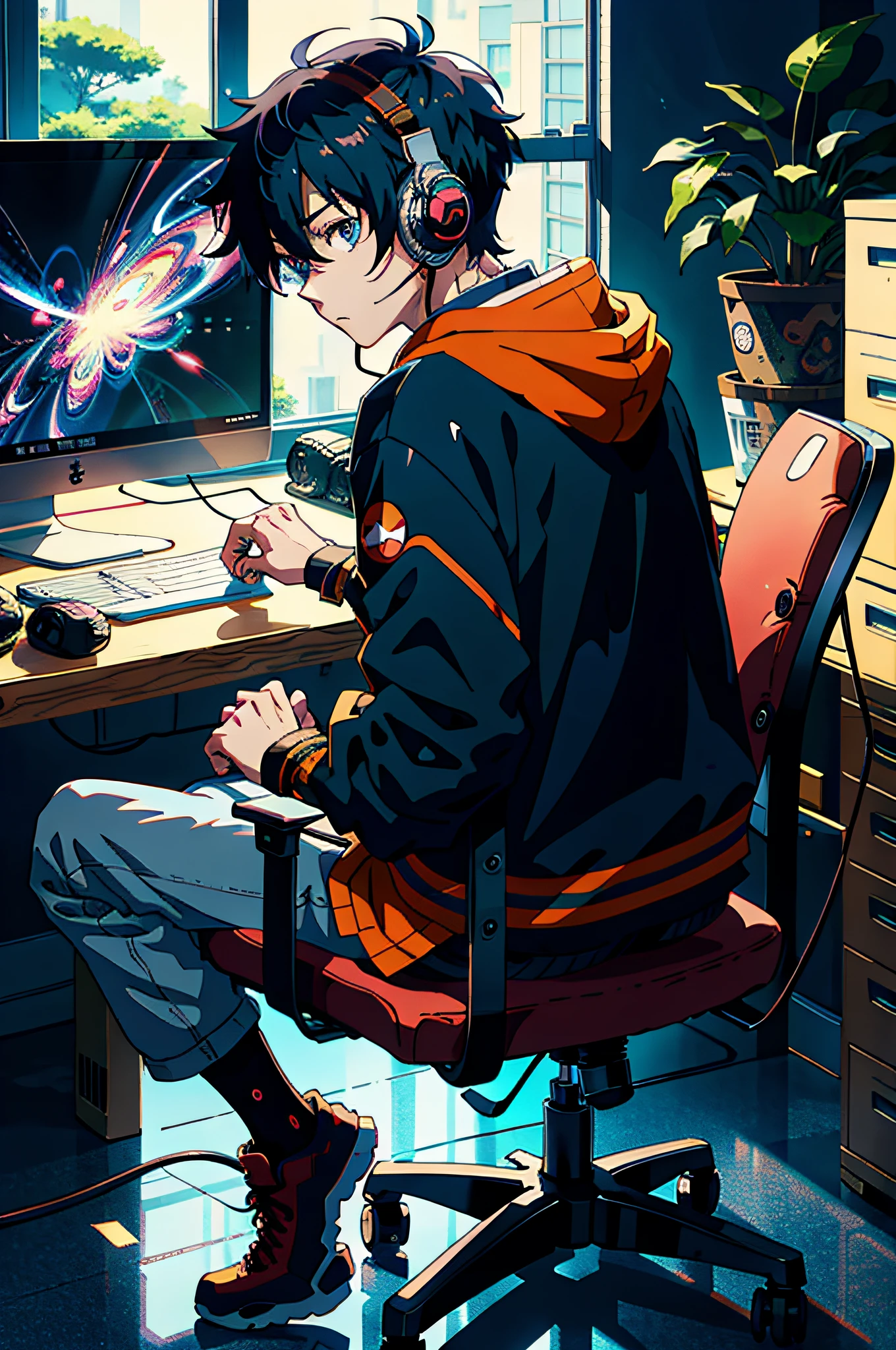 anime guy with headphones on sitting in front of a computer, anime style 4 k, nightcore, 4k anime wallpaper, high quality anime artstyle, anime wallpaper 4 k, anime wallpaper 4k, anime art wallpaper 4 k, anime art wallpaper 4k, anime art wallpaper 8 k, anime moe artstyle, anime artstyle, anime boy, digital anime illustration