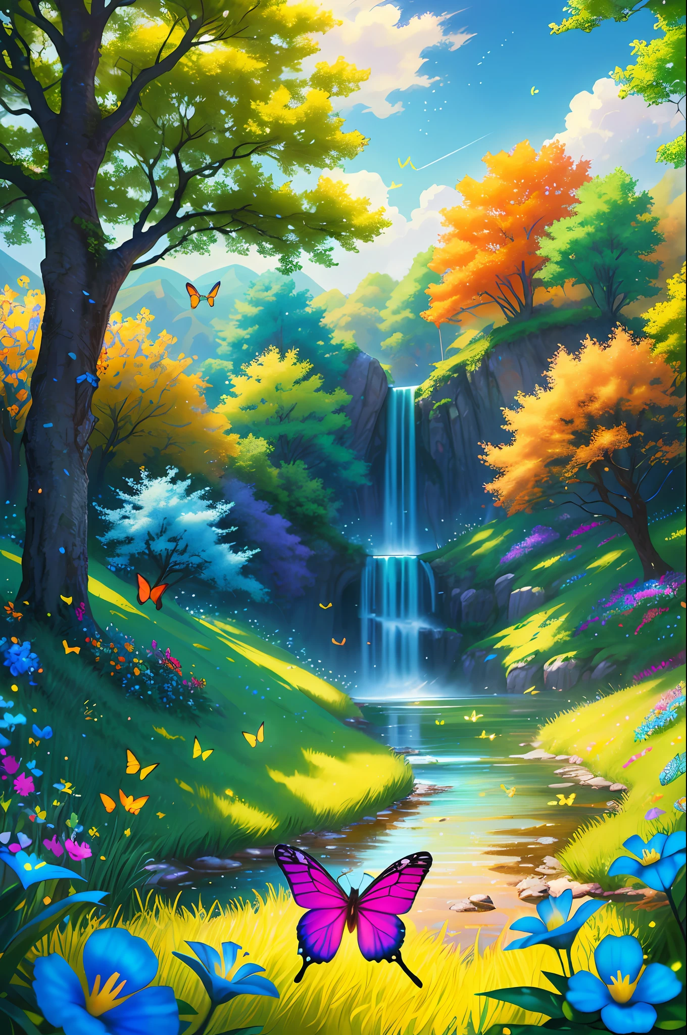 Masterpiece, best quality, high quality, highly detailed cg unity 8k wallpaper, an extremely colorful and pure fantasy environment, vibrant tones and bright skies, bright green grass landscapes, colorful trees, sparkling Fruits and bright blue flowers. The streams were deep blue, and there was a sweet, exotic flavor in the air. Environment seems taken out of a dream, glowing butterflies and huge colorful birds flying around, award winning photography, bokeh, depth of field, HDR, bloom, chromatic aberration, realistic, very detailed, trending on artstation , trending on cgsociety, intricate, high detail, dramatic, midjourney art