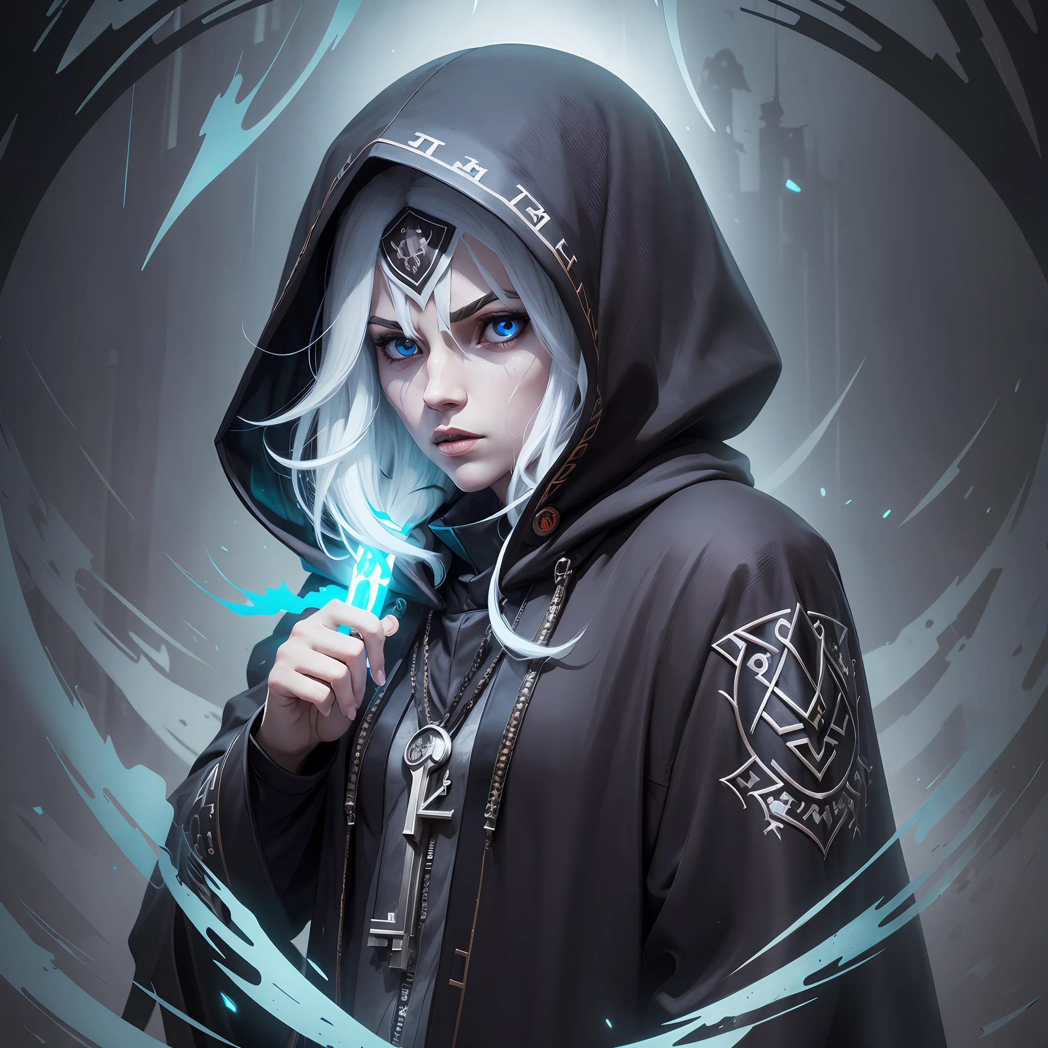 Keywords: ultras member, hooded cloak, ghostly features, key, gatekeeper) Design Style: Mysterious and haunting outlined illustration. Media: Vector. --auto --s2