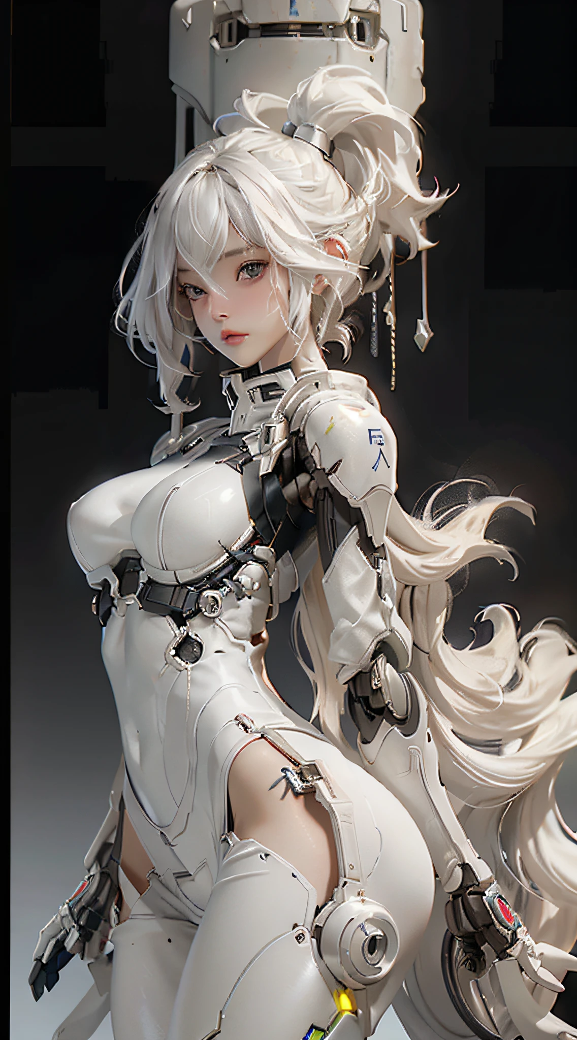 Extremely cute human eighteen year old girl face, human torso, human huge boobs, human abdomen, human hips, robotic arms, mechanical legs, arms and legs with hard white shiny shell and black joints, very beautiful and feminine, short, petite, small, small, busty buttocks, medium bust, cleavage display, flat belly display, partial helmet with antenna on the ear, black robot joints, very stylish, award-winning product design, black rubber tights, The shiny white metal breastplate opens at the cleavage and abdomen, the white metal buttocks are wrinkled, and the armor has stylish, glowing trims