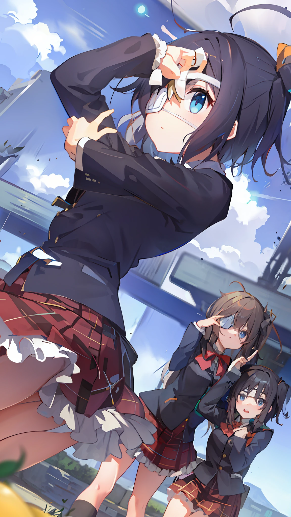 high res, masterpiece,Rikka Takanashi, black hair, solo, 1girl,outside,deatailed background, detailed eyes, ((blue eyes)), eyepatch