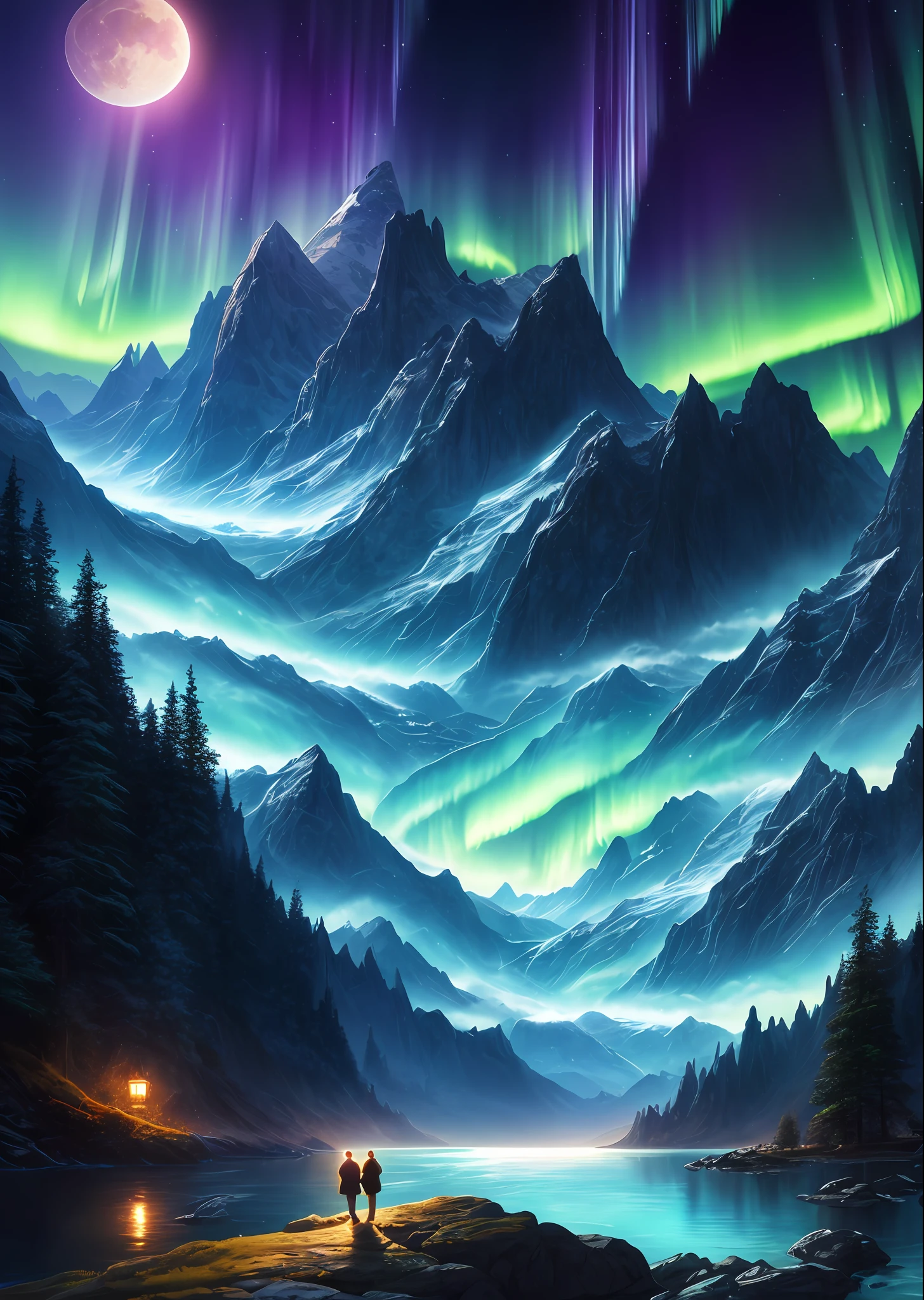 masterpiece, best quality, Night landscapes, magical mountains, peaceful rivers, aurora borealis, moon light, hazy fog, soft muted colors, dramatic clouds, fantasy inspired, hyper detailed, digital art, trending in ArtStation, cinematic lighting.