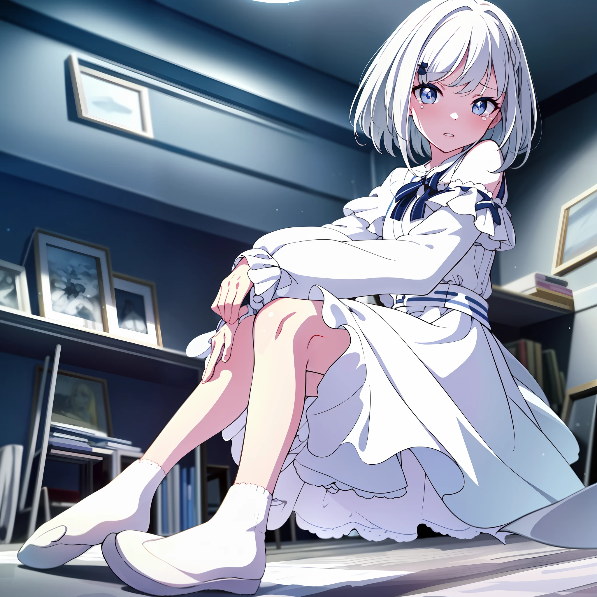 high quality, best quality, masterpiece, absurdres, White dress, 1girl, solo, sitting, against_wall, bedroom, knees_up, night, barefoot, sob, white hair, blue eyes, crying, tears, sentimental