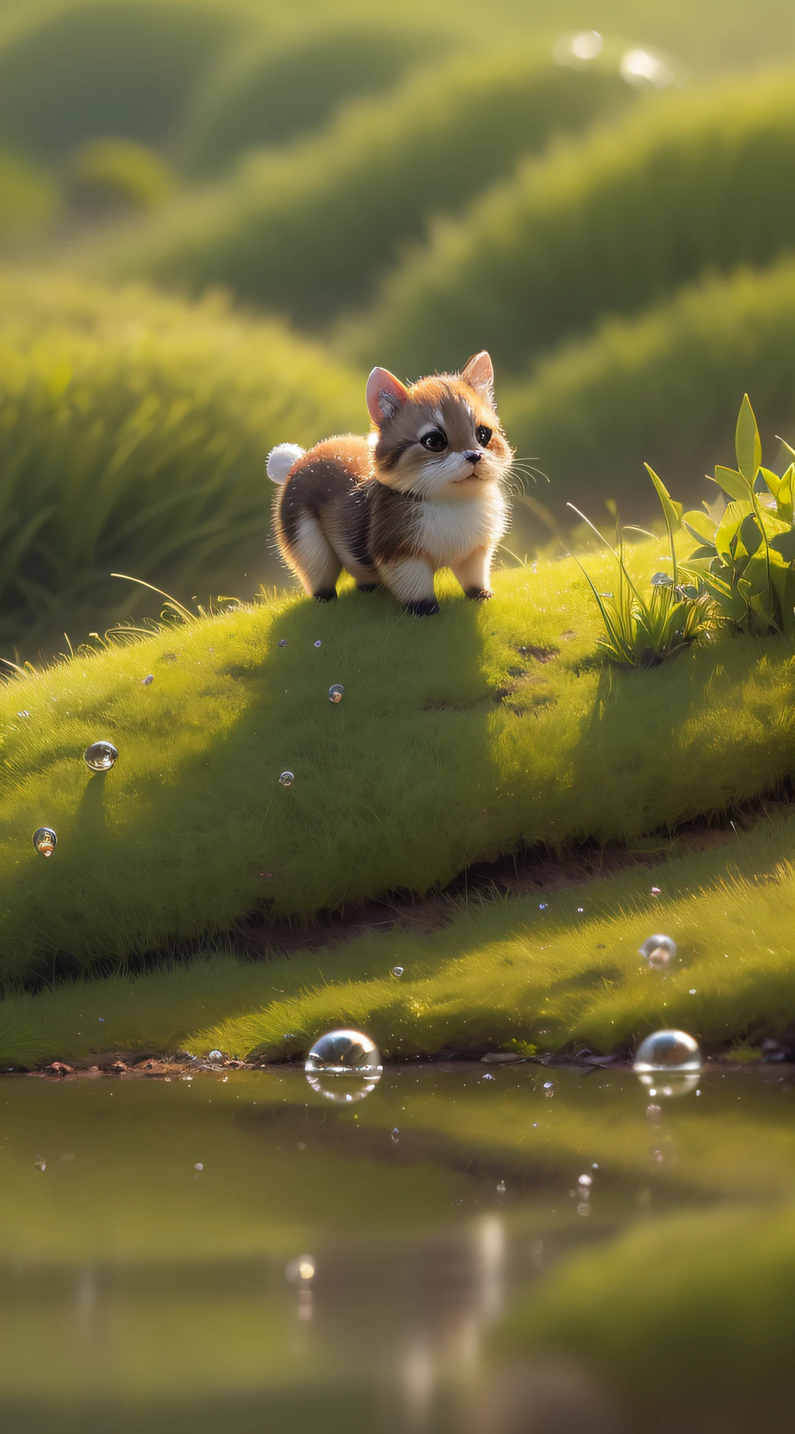Early morning atmosphere, beautiful natural landscape, thick grass, macro photography in the grass, dew drops with reflection, very small cute creatures in macro photography scurrying in the grass about their little business, macro photography, a lot of small furry creatures, small furry things
