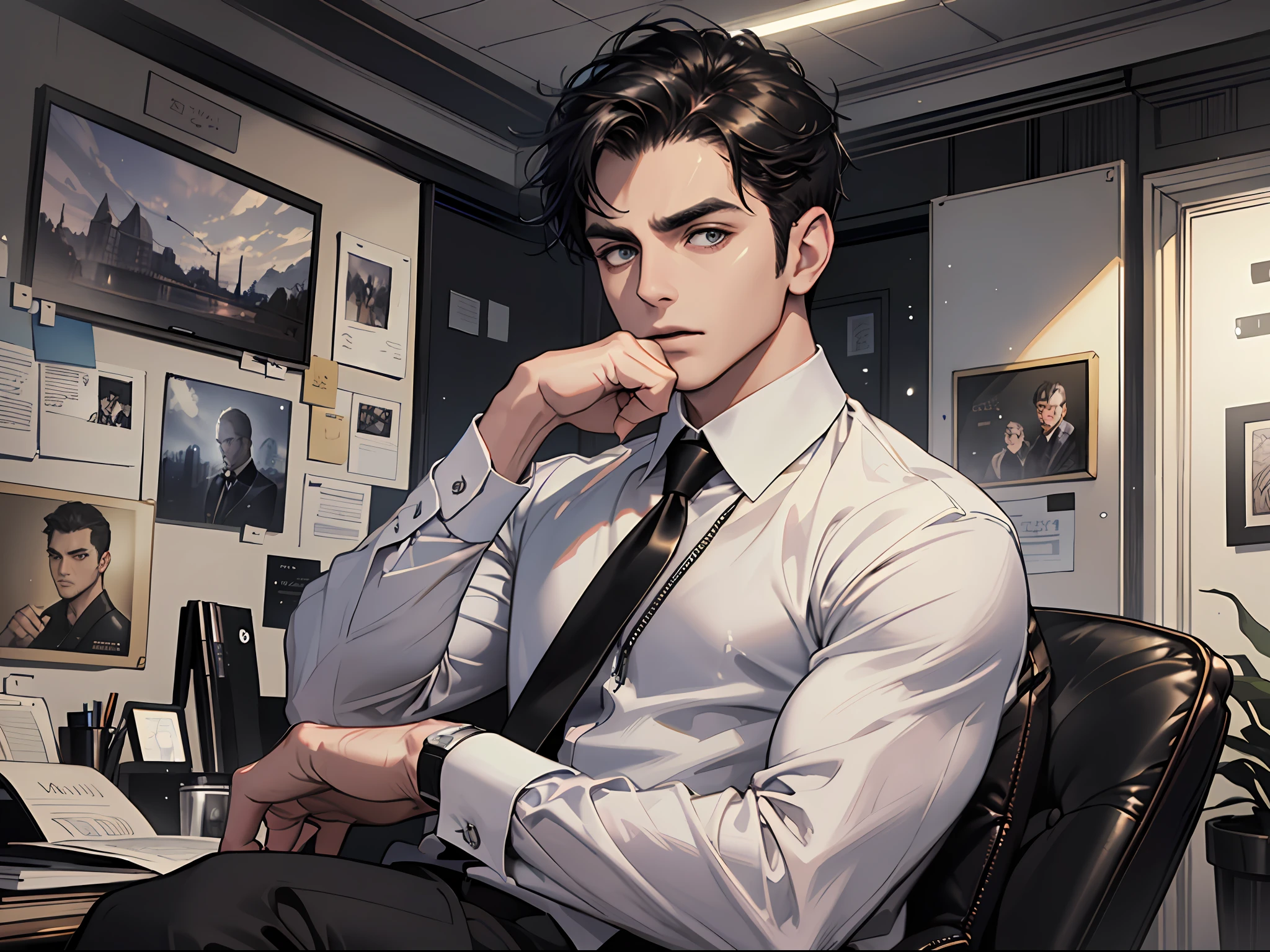 Masterpiece, Excellent, (Office: 1.5), CG drawing with super high detail, handsome, cold face, expressionless,
(a man with short black hair, white shirt, black pants, leather shoes, a little scum: 1.8),
Inside the president's office, luxurious, sitting on a chair, facing the audience, illustrations