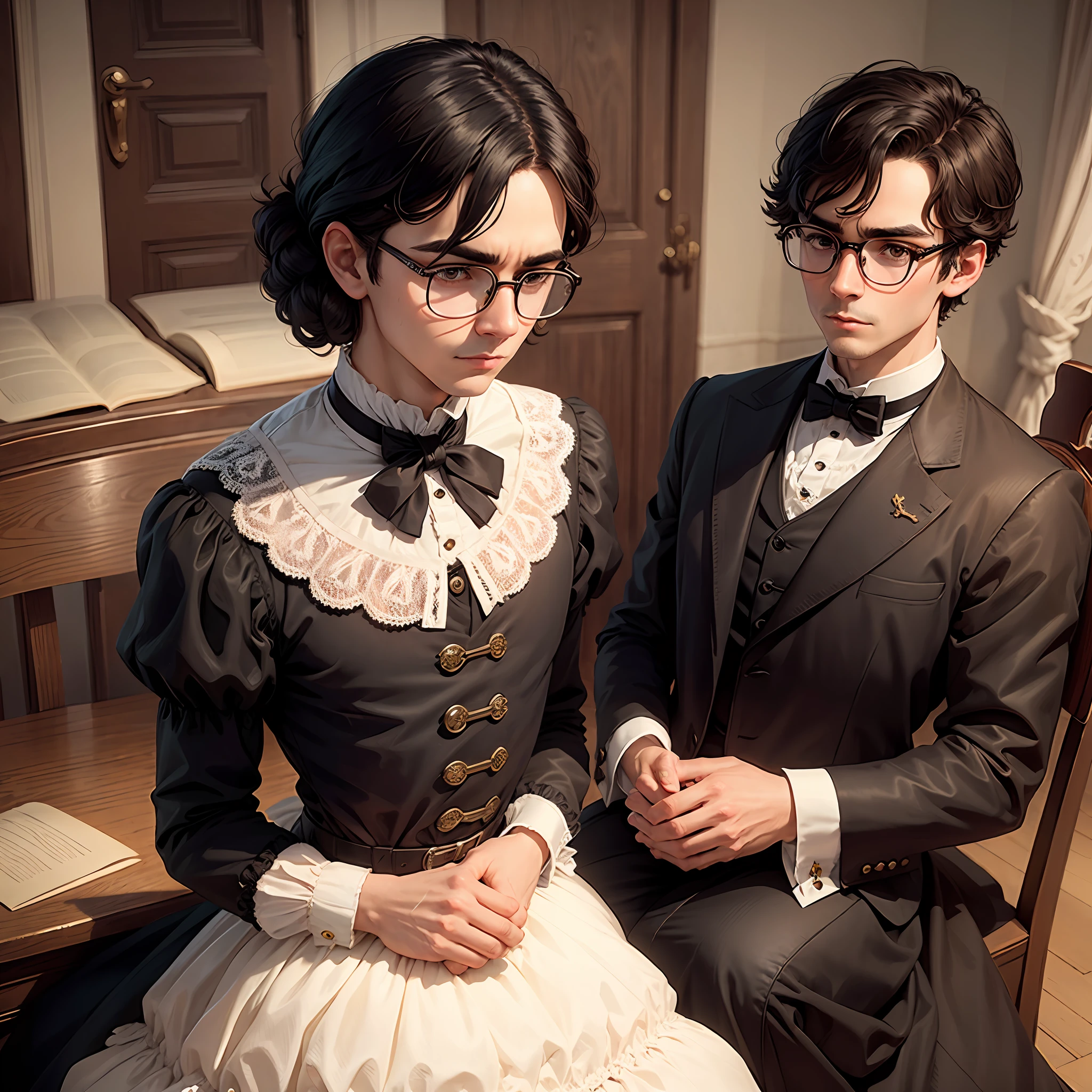 Boy, round glasses, black hair, brown eyes, Victorian dress, country house, 4k, highly detailed