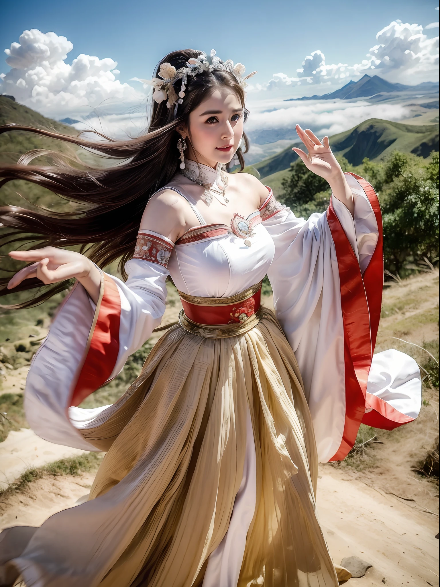 Marian Rivera, a goddess, wear traditional clothes, epic, clothes wave in the air, hair wave in the air, stand on the top of a mountain, serious look, dust on face, extreme beautiful, ultra detailed, photo realistic, full shot, ultra wide shot, mesmerizing, fantasy, dust in the air