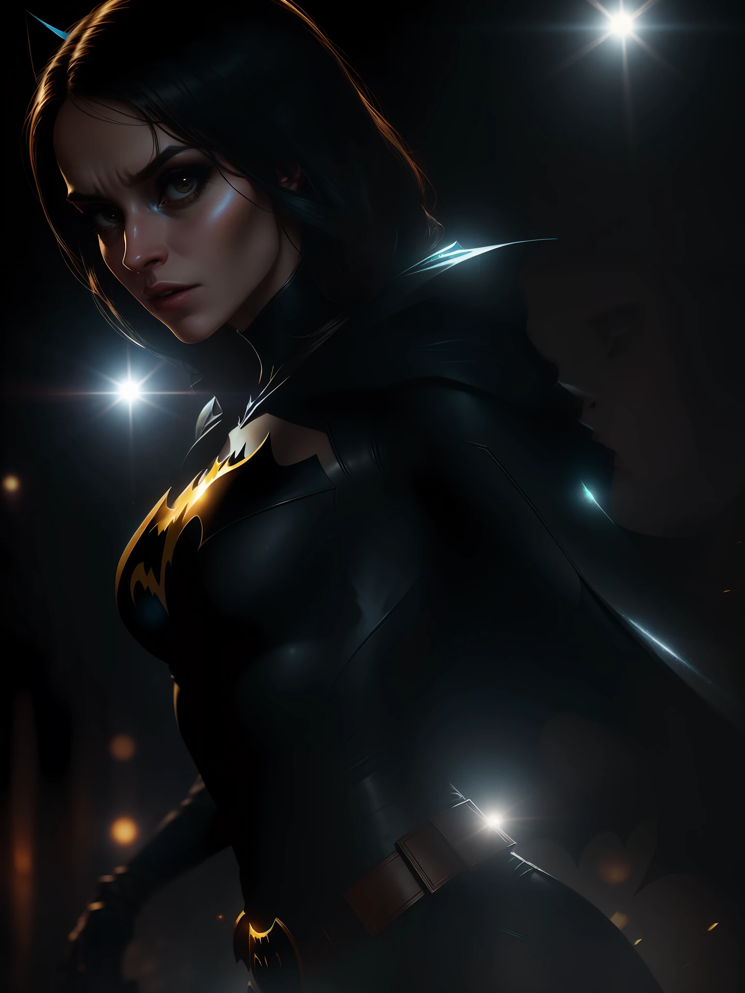 Movie scene, close-up shot of Woman dressed as Batman from DC, distorted space, distorted undead in the background, lens flares, light shafts, intricate details, highly detailed, volumetric lighting, 4k rendering, stock photo, hyper-realistic, realistic textures, dramatic lighting, Unreal Engine
