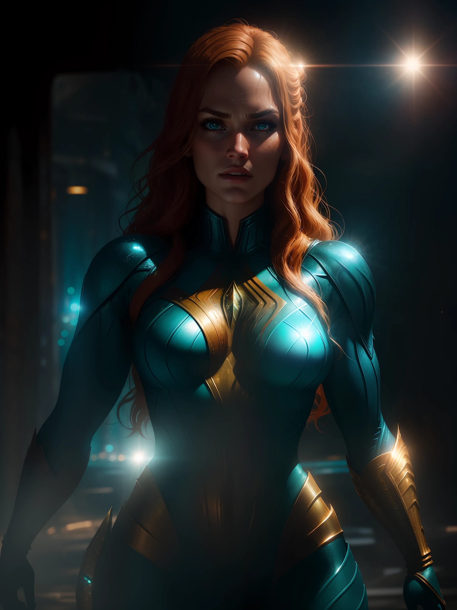 Movie scene, close-up shot of Woman dressed as Aquaman from DC, distorted space, distorted undead in the background, lens flares, light shafts, intricate details, highly detailed, volumetric lighting, 4k rendering, stock photo, hyper-realistic, realistic textures, dramatic lighting, Unreal Engine