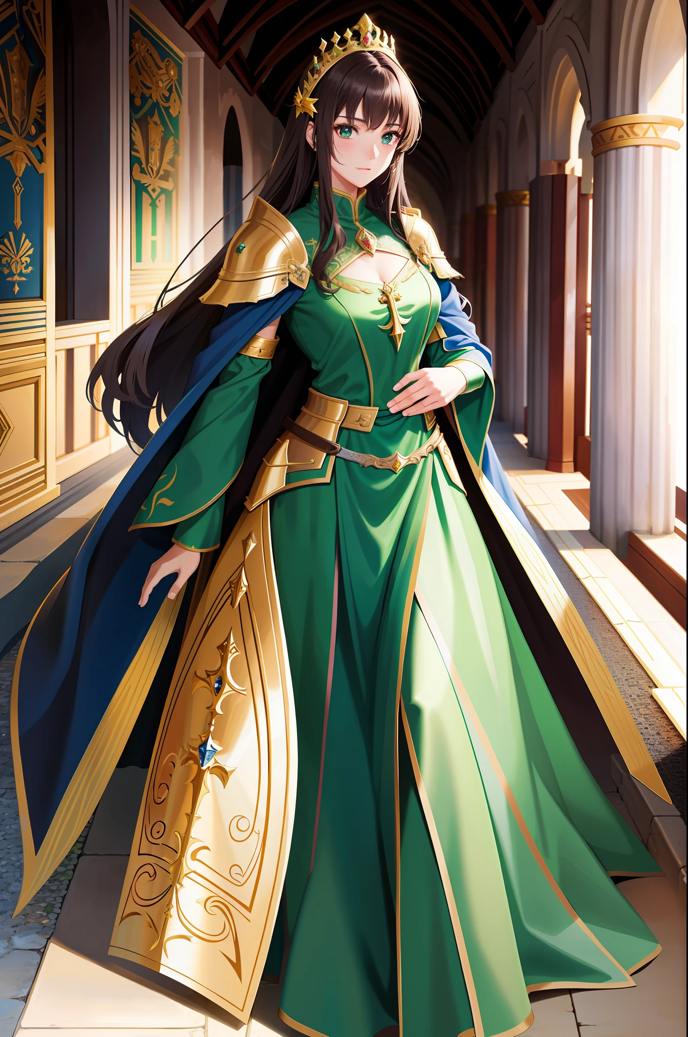 A princess being escorted around the castle by 4 knights in armor. The girl's hair is dark brown, sparkling green eyes, masterpiece, elegant pose, green dress, golden cape, long boots, crown, arcane magic, mage of elements, medieval castle with beautiful architecture, medieval atmosphere, anime, woman, Asian, Japanese.