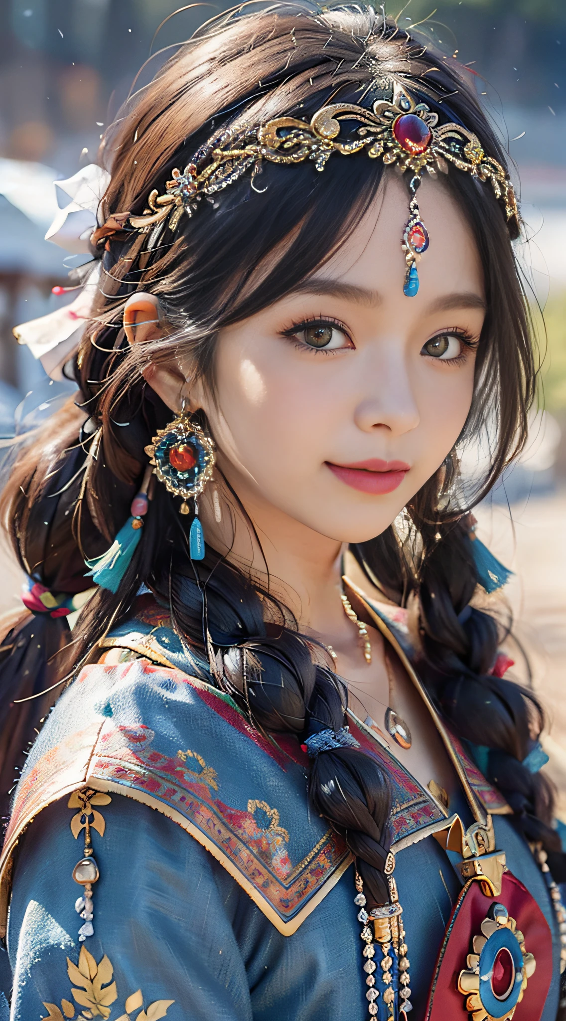 A girl, long braids, Tibetan girl, front close-up, slightly raised head, smile, shallow smile, front photo, upper body, half body photo, Tibetan clothing, colorful clothing, navy blue Tibetan costume, collar with fluff, fluff collar, high-end Tibetan clothing, cumbersome Tibetan clothing design, cold clothing, winter clothing, appearance Yang transcendence, rounded face shape, gorgeous Tibetan clothing, cumbersome Tibetan necklace, cumbersome Tibetan headdress, colorful headband, live CG, sweet style, film style, HD 4K, photography effects, Studio effect, white halo, mythological wind, snowfield background, character core, picture ratio 16:9, mask fresh.
