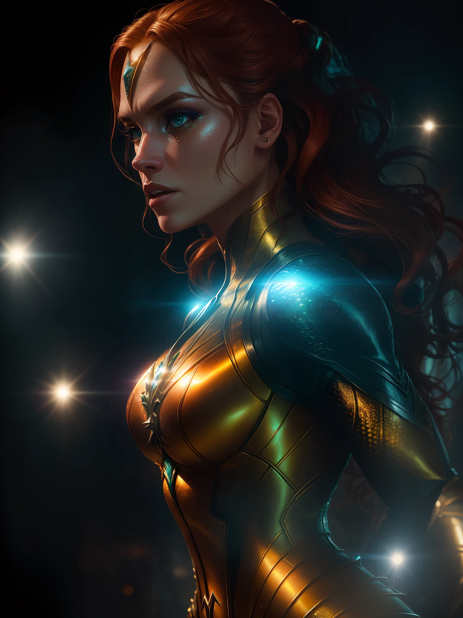 Movie scene, close-up shot of Woman dressed as Aquaman from DC, distorted space, distorted undead in the background, lens flares, light shafts, intricate details, highly detailed, volumetric lighting, 4k rendering, stock photo, hyper-realistic, realistic textures, dramatic lighting, Unreal Engine