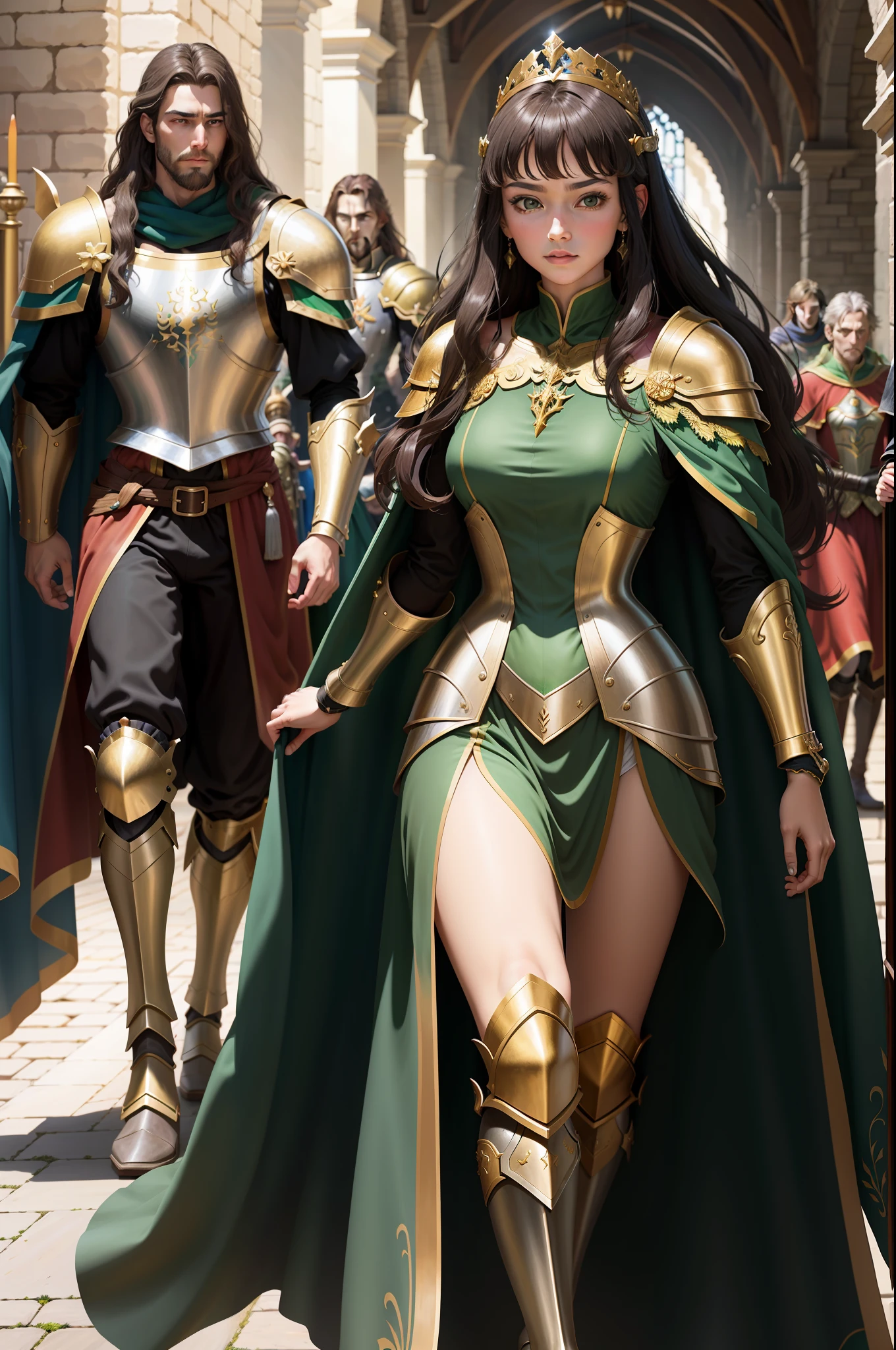 A princess being escorted around the castle by 4 knights in armor. The girl's hair is dark brown, sparkling green eyes, masterpiece, elegant pose, green dress, golden cape, long boots, crown, arcane magic, mage of elements, medieval castle with beautiful architecture, medieval atmosphere, anime, woman, Asian, emerald green eyes, dark hair
