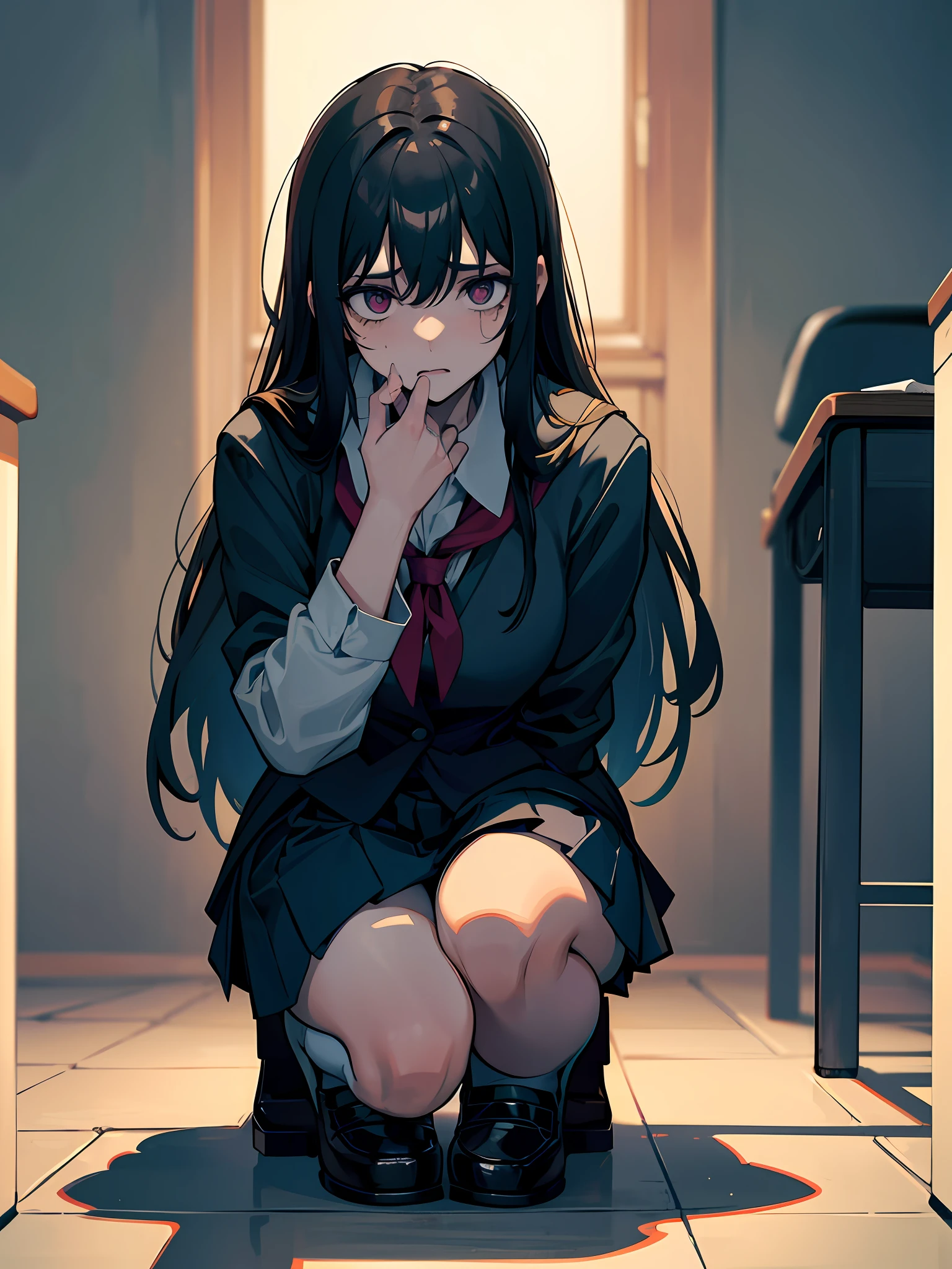 A woman in a school uniform, crouched on the ground, shivering with fear, in the background of a classroom. The whole picture creates an atmosphere of tension and fear, making people feel uneasy and anxious.
The colors of the picture may be dim, creating a feeling of darkness and tension. This woman was very frightened and shivering, making people feel that she was in extreme tension and fear, and her eyes were also full of horror, which made people feel very heavy and uneasy.