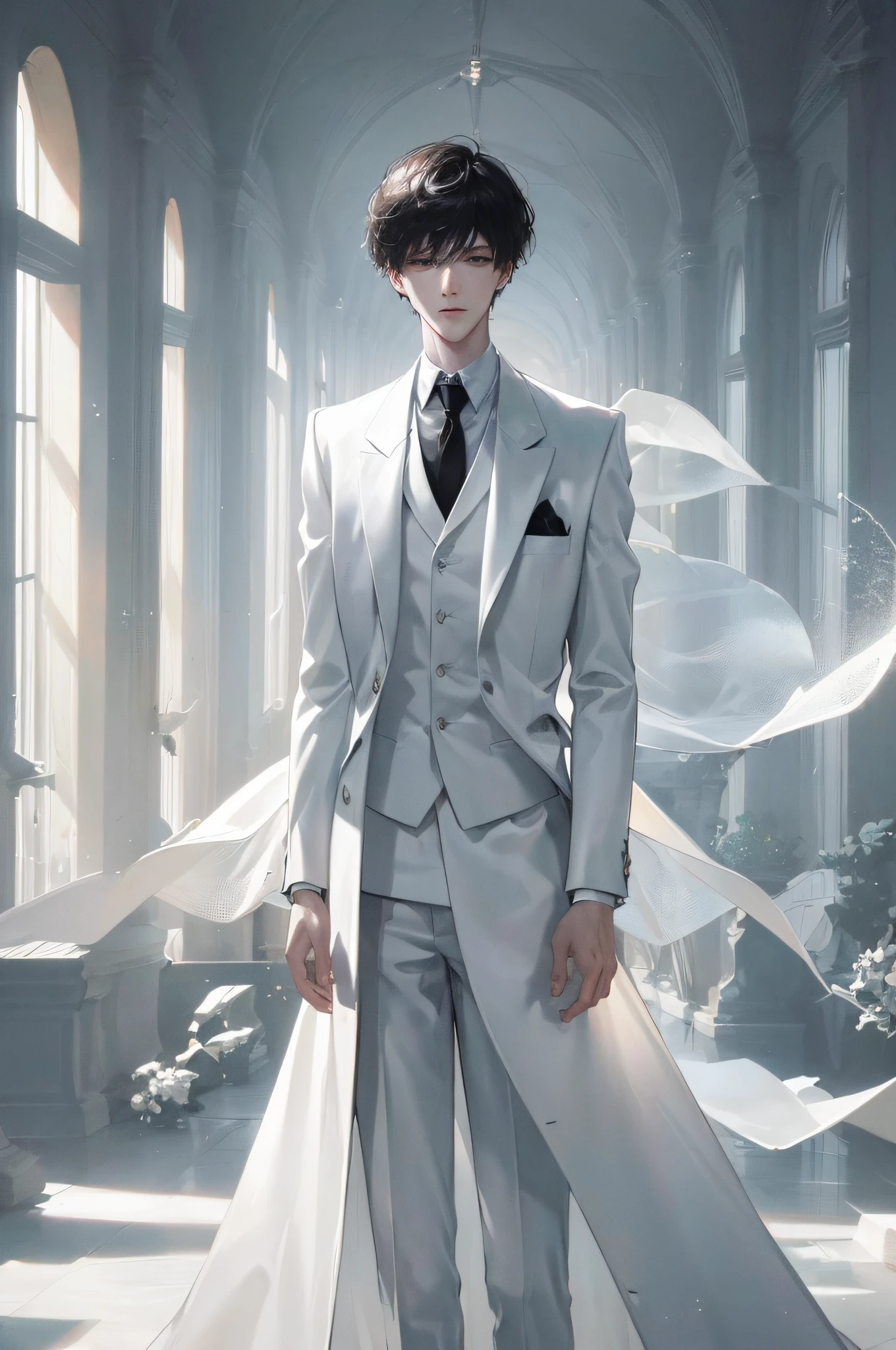 man, 2person, handsome, formal art, masterpiece, sharp focus, special detail, fluorescent white particles, pale skin, epic scenery, sunlight, white clouds, indoor background, cool, unconstrained by nature, slender, short black hair, cover, looking at audience