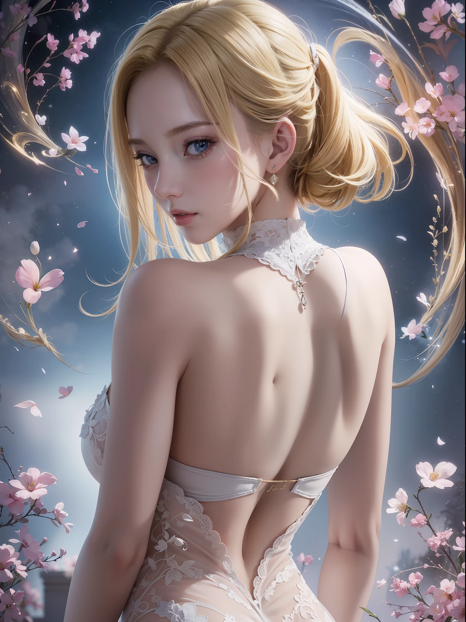 official art, unity 8k wallpaper, ultra detailed, beautiful and aesthetic, beautiful, masterpiece, best quality, a girl has beautiful face, looking at viewer, short blonde hair, back, back, hip , dress