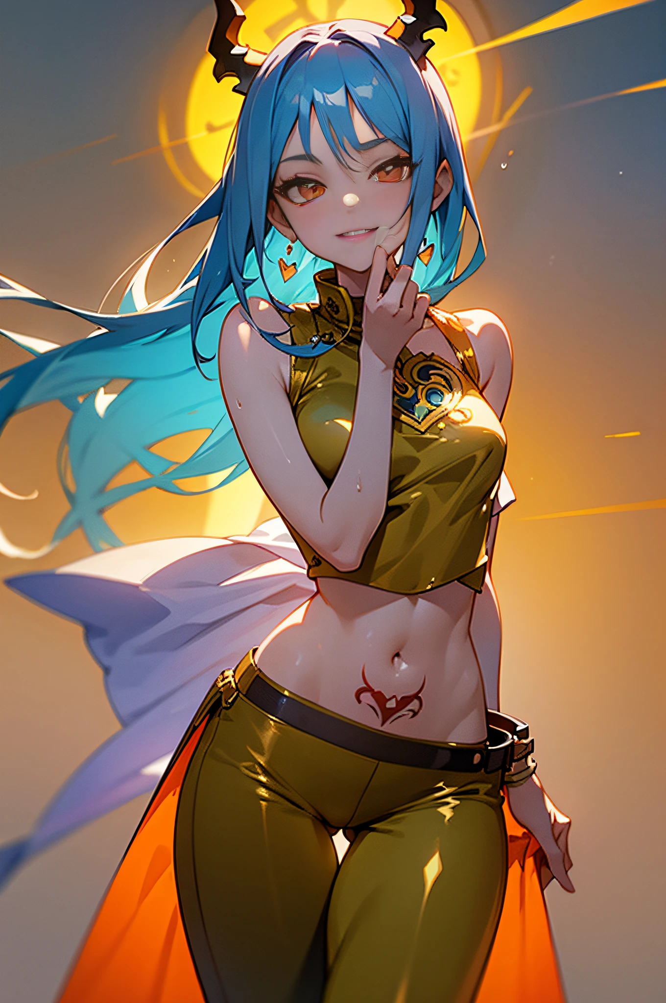 ((Cute Anime Girl)), ((Animation Style)), ((Cowboy Style)), has horns on its head, and has two red and yellow horns on its head. The ends of the hair are curly. White transparent cheongsam. (wearing white transparent fabric cheongsam with opening on chest, best fabric material, 8k performance of fabric, rendering by calculation of physics engine):: 1.96. (high image quality, detailed CG art), (beautiful illumination and shadows, floating effect) (1 person) (shiny hair, blue hair: 1.2 + gray hair: 1.6), when the skin between the chest volume and the lower abdomen is moist, the dripping water and sweat drops slide down together, sexy and gorgeous, still photos convey a dynamic effect. The female body is beautiful, very sexy, attractive, full of seduction, and the transparent texture of the leggings is just right. My eyes lit up. ((low saturation)), ((oily skin)), ((water droplets on the skin)), (erotic)): 1.6. The body is moist and shiny, the body is moist and shiny, the body is moist and shiny, the breasts are large, the buttocks are large. ((masterpiece)), top quality, super detailed, very realistic, the whole body is wet, rained, all sweat beads are clearly visible. (Masterpiece:1.6), (Best Quality:1.5), Ultra High Definition,1 Girl, Very Detailed,8k, Beautiful, Detailed Eyes, View Viewer, Strong Dark Color, (Depth of Field), (Dynamic), (Epic), Sharp Focus, (Intricate Details: 1.86), Full Color, Nano, Bangs, Strapless, Belt, Gold striped transparent heart nipstick, blue sky, bracelet, breasts, (Orange Eyes: 1.72), bubbles, cleavage, clouds, daytime, earrings, flowing hair, blue transparent heart nipple sticker, groin, obvious vest line, jewelry, big, long hair, navel, orange hair, clear latex pants, shoulder tattoo, collarbone obvious, sky, smiling, single, standing, obscene tattoo on abdomen, nipple seals only on upper body, tattoos, pirate ship, (one piece), (strength: 1.4), (full body)), body wet and shiny,
