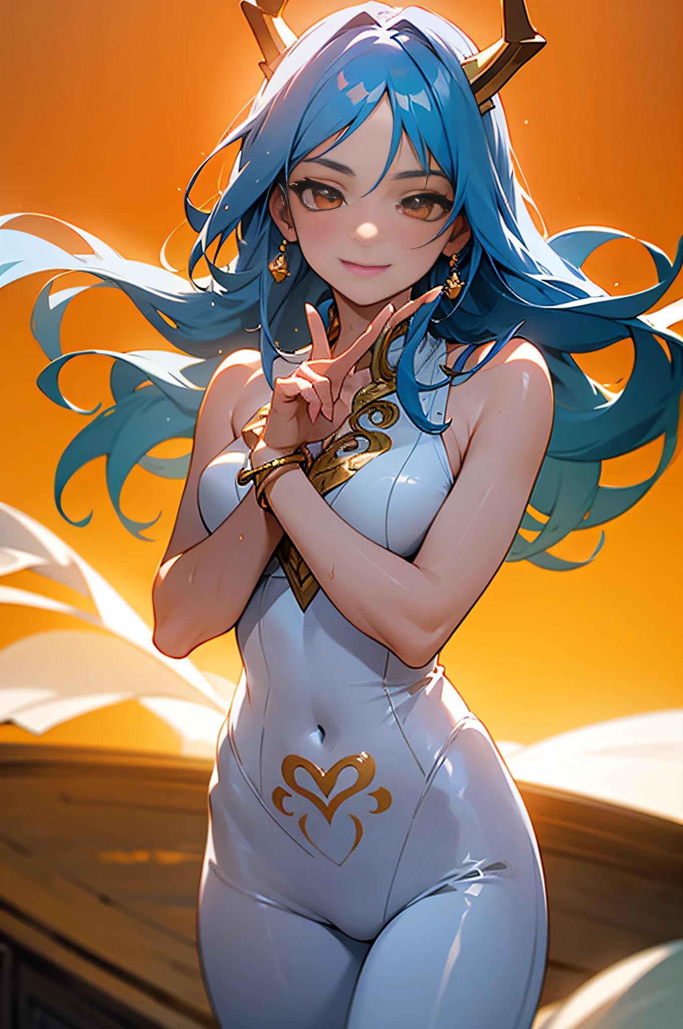 ((Cute Anime Girl)), ((Animation Style)), ((Cowboy Style)), has horns on its head, and has two red and yellow horns on its head. The ends of the hair are curly. White transparent cheongsam. (wearing white transparent fabric cheongsam with opening on chest, best fabric material, 8k performance of fabric, rendering by calculation of physics engine):: 1.96. (high image quality, detailed CG art), (beautiful illumination and shadows, floating effect) (1 person) (shiny hair, blue hair: 1.2 + gray hair: 1.6), when the skin between the chest volume and the lower abdomen is moist, the dripping water and sweat drops slide down together, sexy and gorgeous, still photos convey a dynamic effect. The female body is beautiful, very sexy, attractive, full of seduction, and the transparent texture of the leggings is just right. My eyes lit up. ((low saturation)), ((oily skin)), ((water droplets on the skin)), (erotic)): 1.6. The body is moist and shiny, the body is moist and shiny, the body is moist and shiny, the breasts are large, the buttocks are large. ((masterpiece)), top quality, super detailed, very realistic, the whole body is wet, rained, all sweat beads are clearly visible. (Masterpiece:1.6), (Best Quality:1.5), Ultra High Definition,1 Girl, Very Detailed,8k, Beautiful, Detailed Eyes, View Viewer, Strong Dark Color, (Depth of Field), (Dynamic), (Epic), Sharp Focus, (Intricate Details: 1.86), Full Color, Nano, Bangs, Strapless, Belt, Gold striped transparent heart nipstick, blue sky, bracelet, breasts, (Orange Eyes: 1.72), bubbles, cleavage, clouds, daytime, earrings, flowing hair, blue transparent heart nipple sticker, groin, obvious vest line, jewelry, big, long hair, navel, orange hair, clear latex pants, shoulder tattoo, collarbone obvious, sky, smiling, single, standing, obscene tattoo on abdomen, nipple seals only on upper body, tattoos, pirate ship, (one piece), (strength: 1.4), (full body)), body wet and shiny,