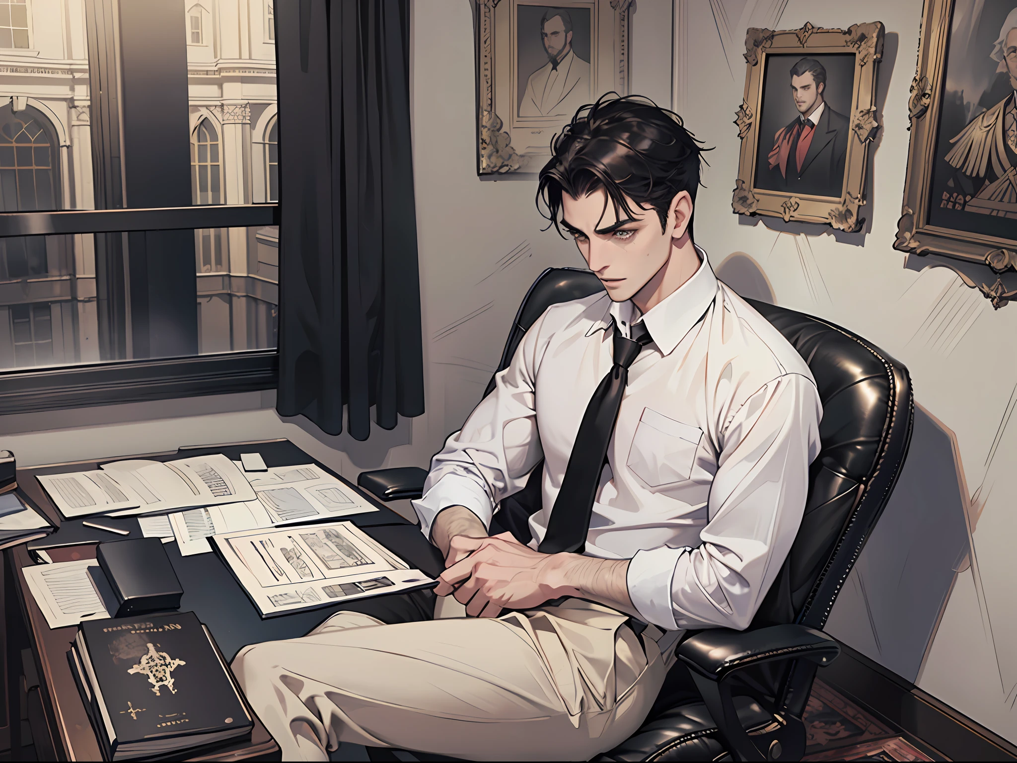 Masterpiece, Excellent, (Office: 1.5), CG drawing with super high detail, handsome, cold face, expressionless,
(a man with short black hair, white shirt, black pants, leather shoes, a little scum: 1.8),
Inside the president's office, luxurious, sitting on a chair, facing the audience, illustrations