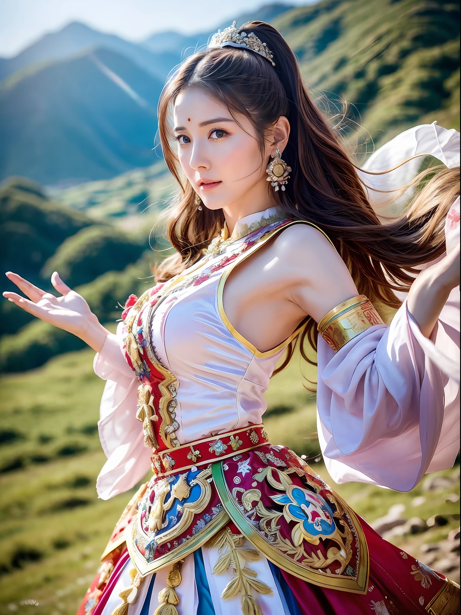 Marian Rivera, a goddess, wear traditional clothes, epic, clothes wave in the air, hair wave in the air, stand on the top of a mountain, serious look, dust on face, extreme beautiful, ultra detailed, photo realistic, full shot, ultra wide shot, mesmerizing, fantasy, dust in the air, very young
