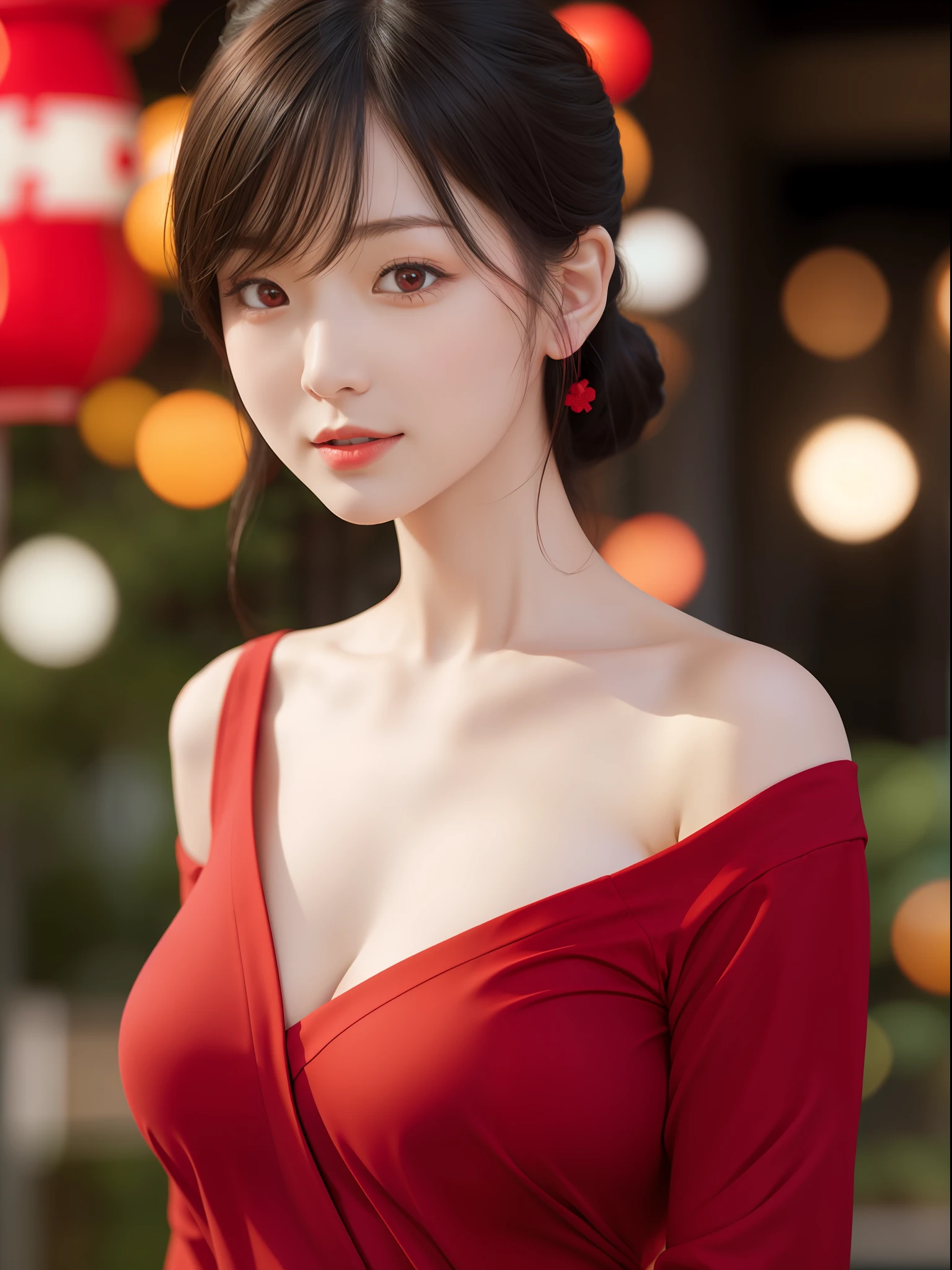 woman,japanese,red shirt,bare shoulders,realistic details, high resolution,bokeh,outstanding details