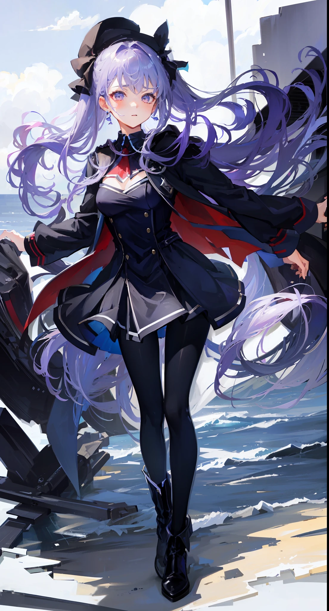 (Hyper Extreme Detail), (Masterpiece), (Hyper Extreme), (Photorealistic), Realistic Texture, CG, (Color: 1.2), Beautiful Lighting, Light from the Front, Solo, (Azure Lane), 8 Heads, Long Legs, Light Purple Hair, Ultra High Definition Face, Long Hair, Hair Tied Back with Blue Ribbon, Pin-heeled Seat Boots Folded, Red tie, open chest military uniform costume with blue collar, tight miniskirt dress without sleeves, (black pantyhose), military cape with jacket, (military), standing on the sea, beautiful sea, beautiful blue sky in daytime, splash
