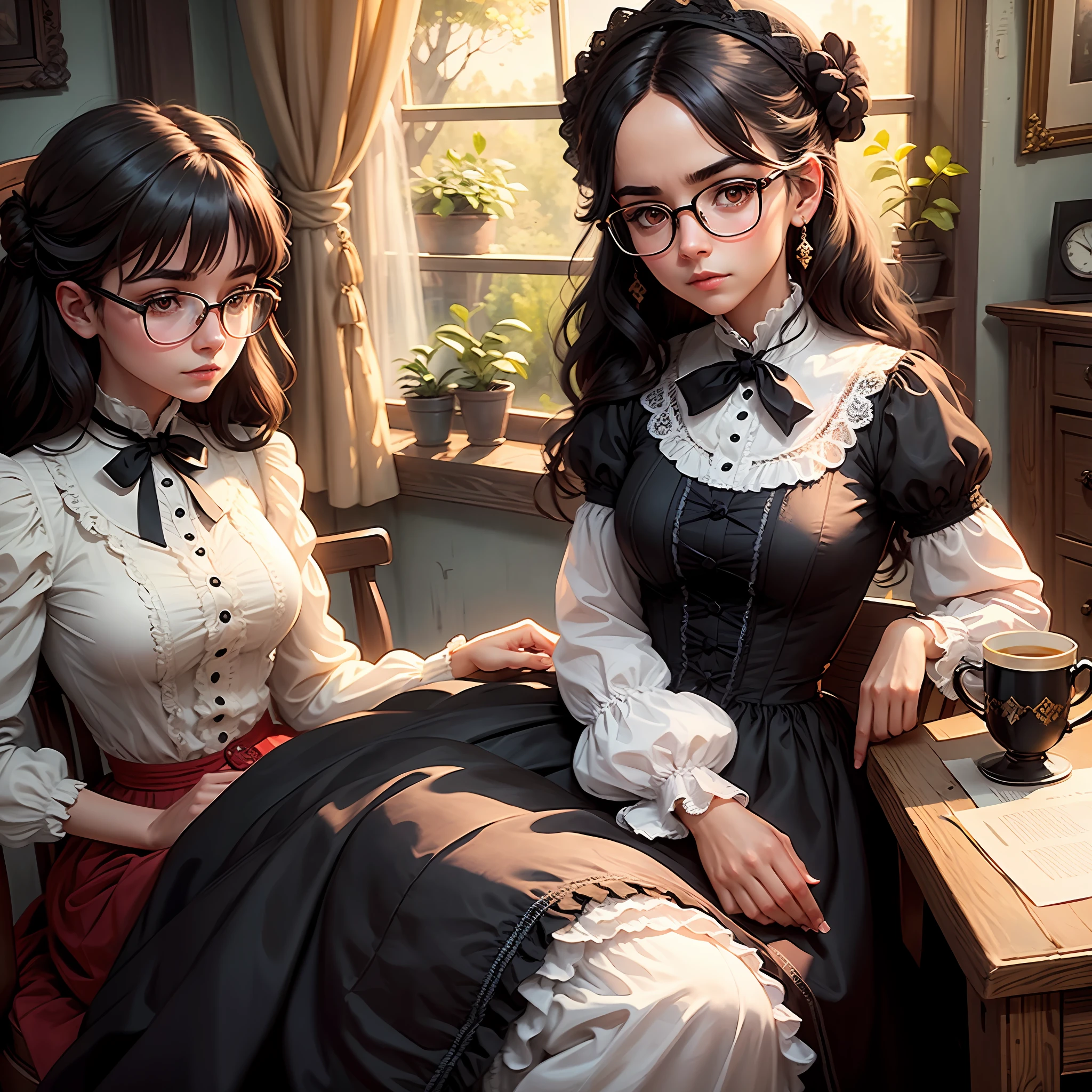 Girl, round glasses, black hair, brown eyes, Victorian dress, cottage, 4k, highly detailed