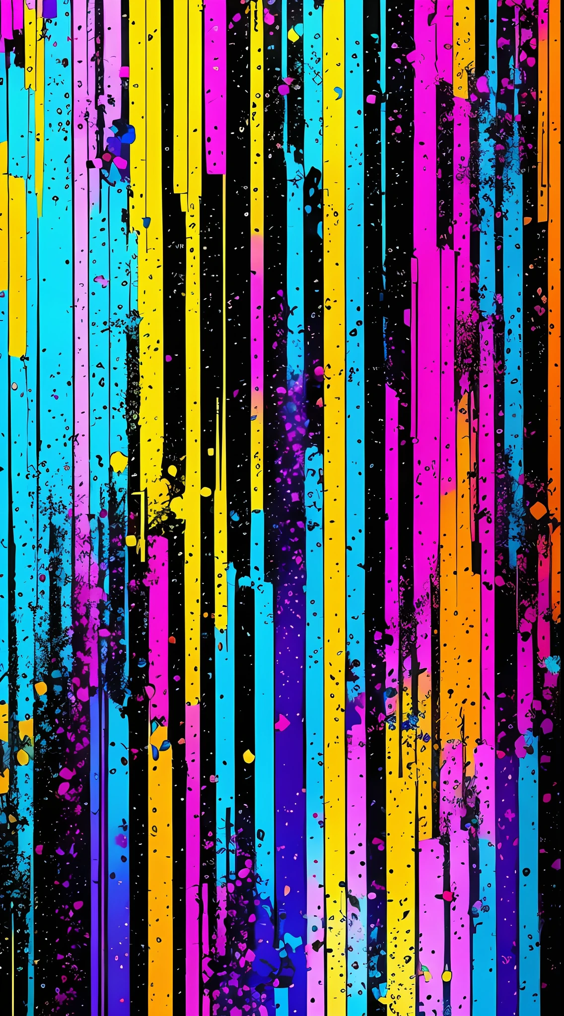 mobile wallpaper, dark background with few small funny splashes of plain bright colorful paints