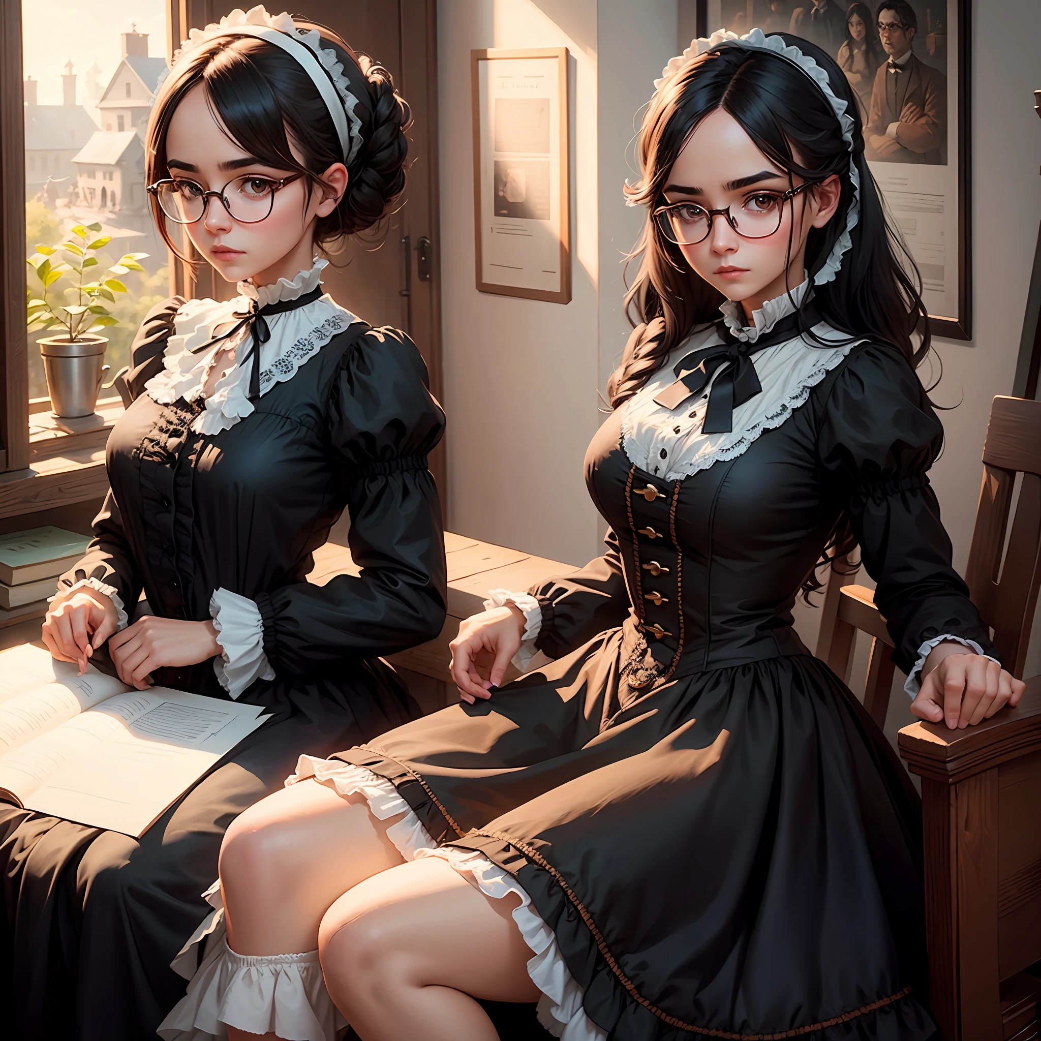 Girl, round glasses, black hair, brown eyes, Victorian dress, cottage, 4k, highly detailed