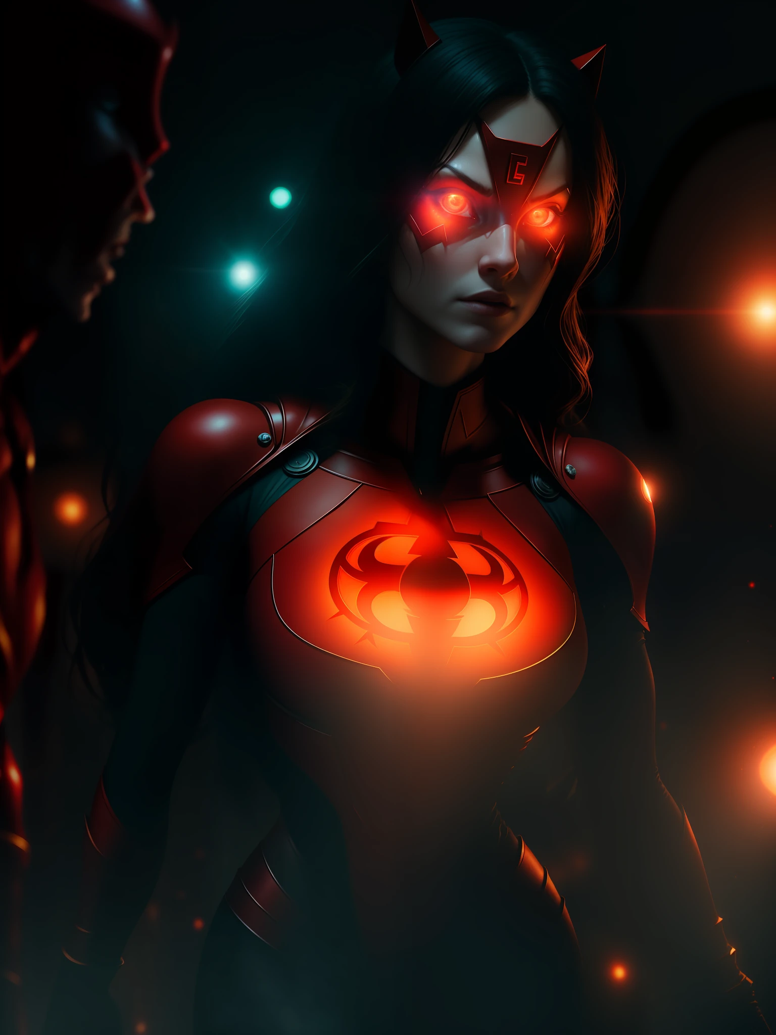 Movie scene, close-up shot of Woman dressed as Red Lantern from DC, distorted space, distorted undead in the background, lens flares, light shafts, intricate details, highly detailed, volumetric lighting, 4k rendering, stock photo, hyperrealistic, realistic textures, dramatic lighting, Unreal Engine