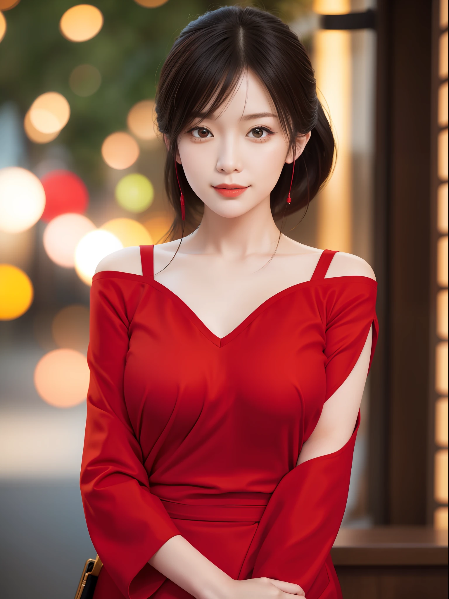 woman,japanese,red shirt,bare shoulders,realistic details, high resolution,bokeh,outstanding details