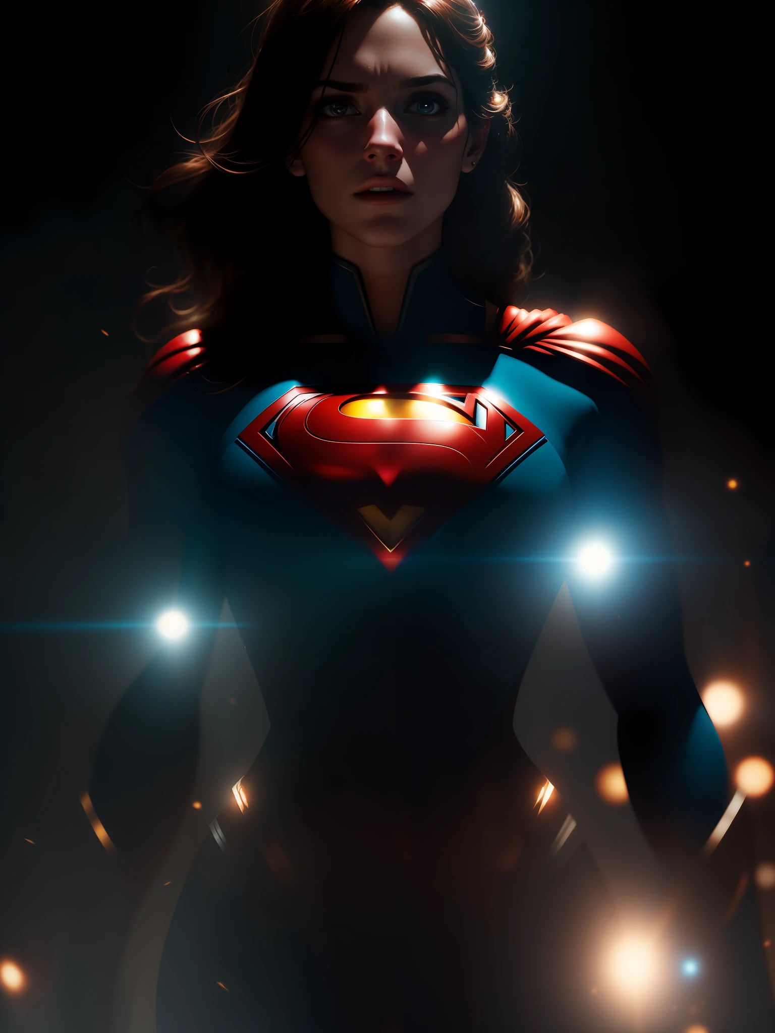 Movie scene, close-up shot of Woman dressed as Superman from DC, distorted space, distorted undead in the background, lens flares, light shafts, intricate details, highly detailed, volumetric lighting, 4k rendering, stock photo, hyper-realistic, realistic textures, dramatic lighting, Unreal Engine