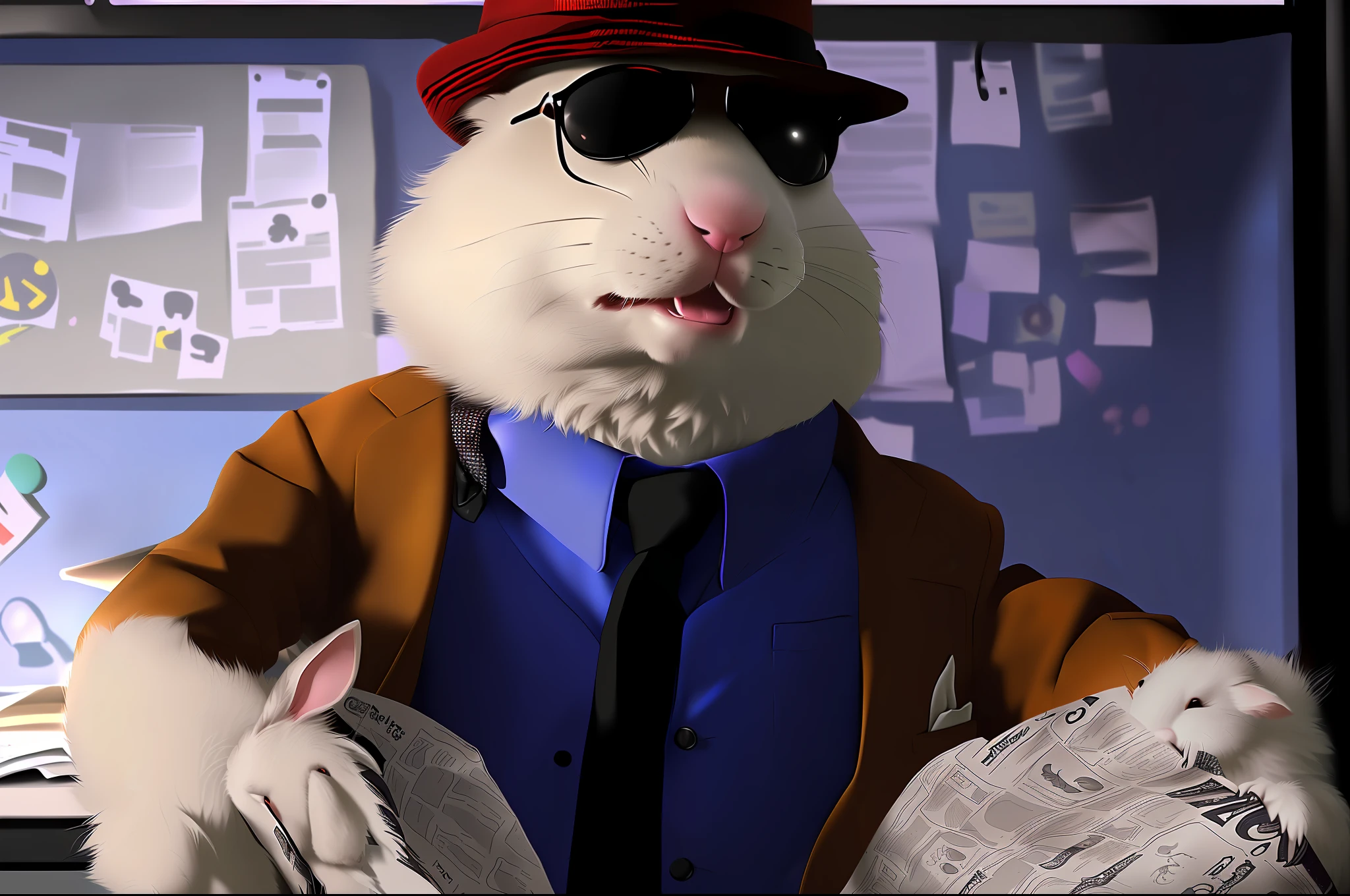 arafed stuffed animal dressed in a suit and tie holding a newspaper, anthropomorphic rabbit, an anthropomorphic gangster rat, lagus the thieving bunny, rabbt_character, anthropomorphic gangster rat, bunny suit, closeup detailed, furry character, furry shot, closeup photo, looking heckin cool and stylish