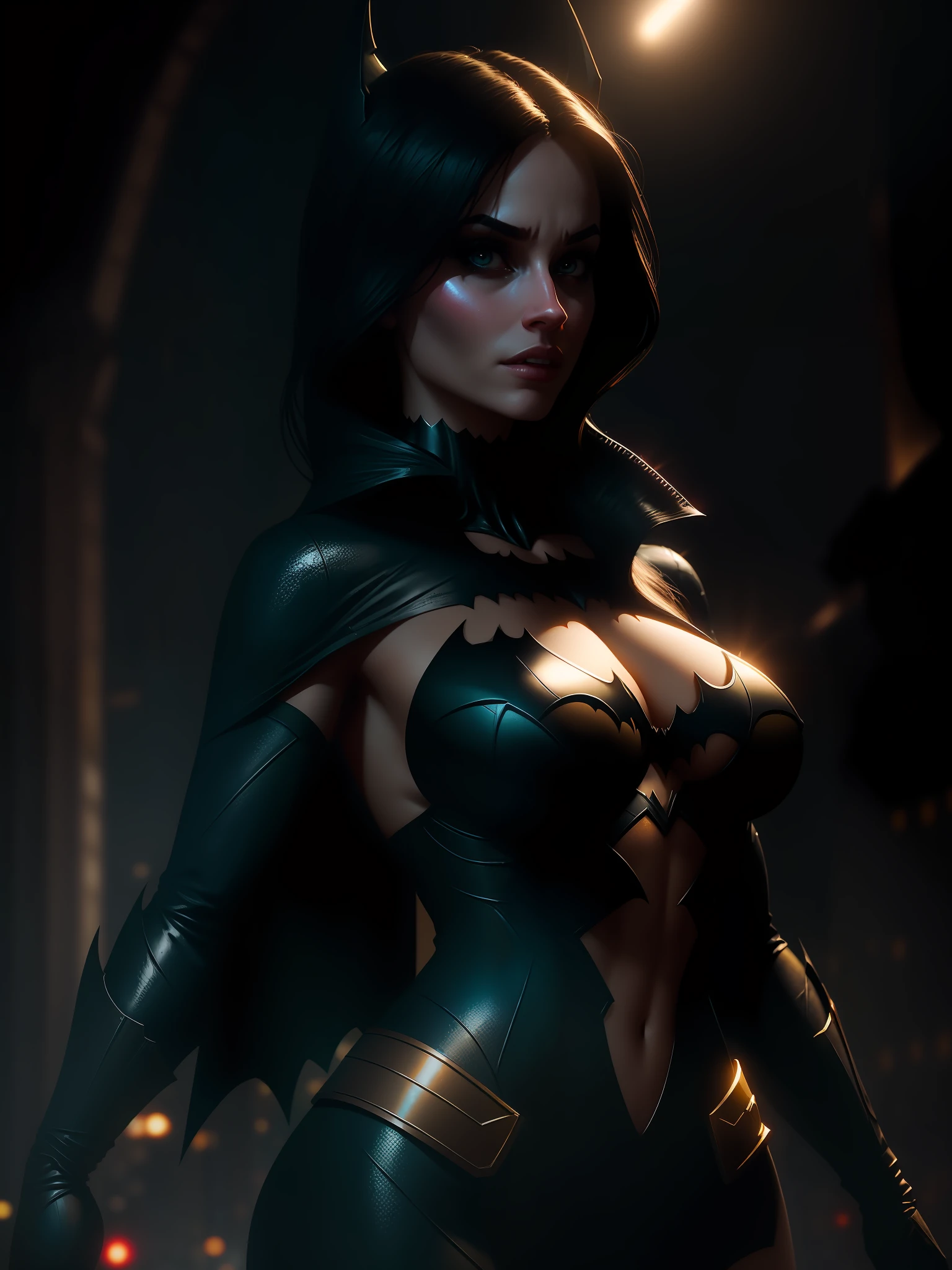 Movie scene, close-up shot of Sexy Woman dressed as Batman from DC, distorted space, distorted undead in the background, lens flares, light shafts, intricate details, highly detailed, volumetric lighting, 4k rendering, stock photo, hyper-realistic, realistic textures, dramatic lighting, Unreal Engine