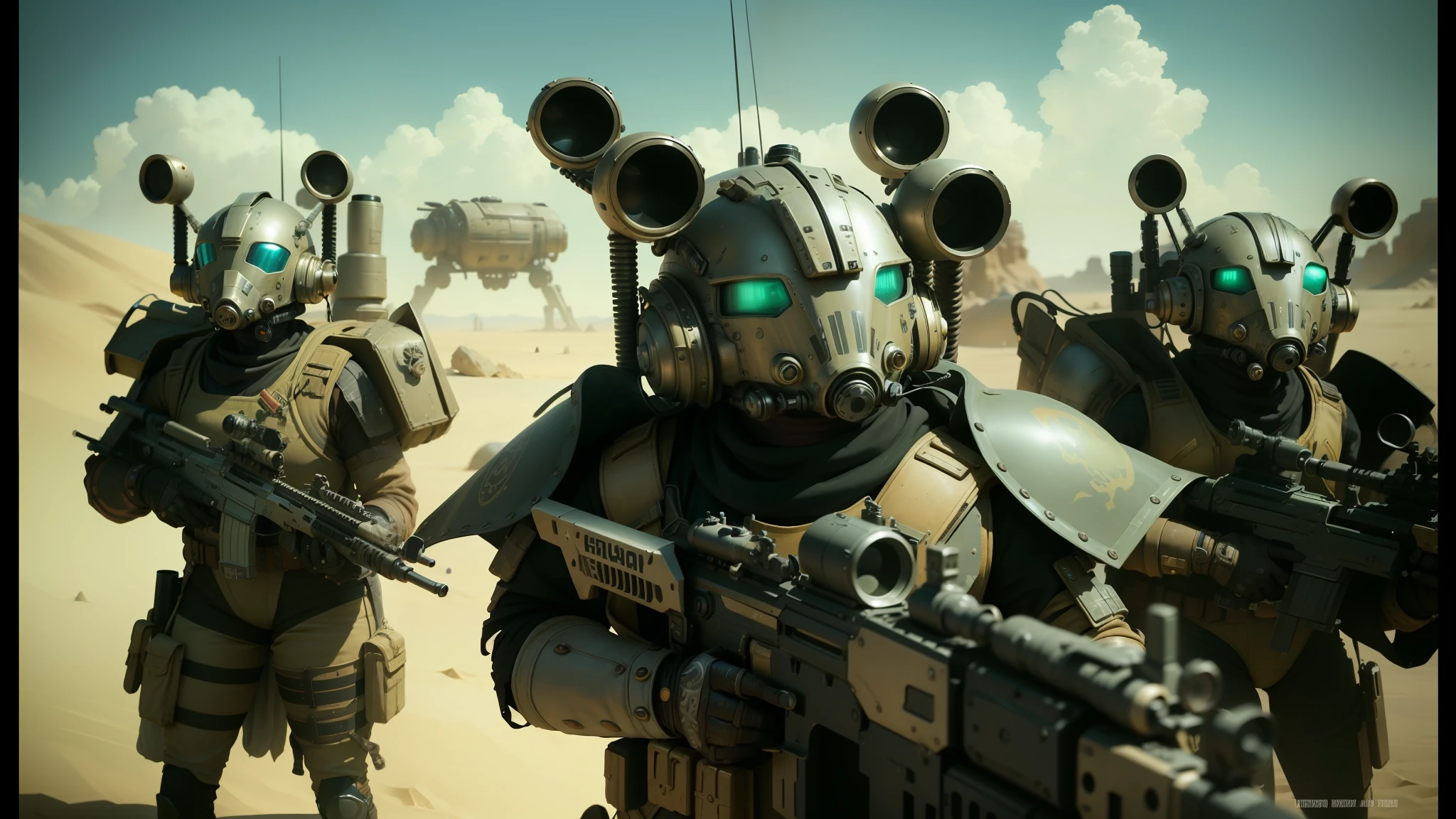 there are many people in costumes with guns and helmets, steampunk desert background, grey aliens, movie cgi, necromunda, anthropomorphic warrior piglet, wētā fx, energetic beings patrolling, jodorwoski's dune, highly detailed close up shot, clones, ecktochrome, metalhead --auto --s2