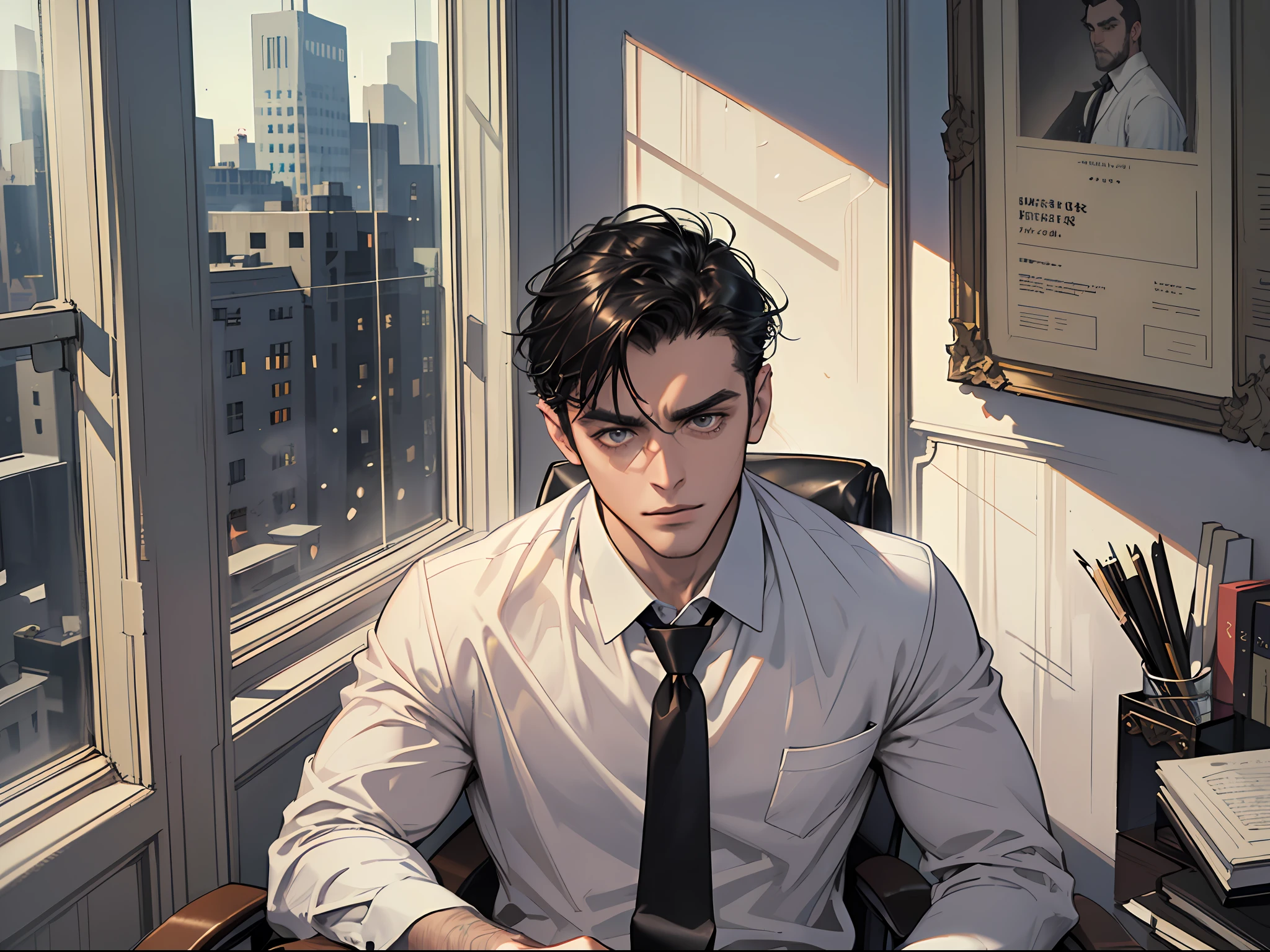 Masterpiece, Excellent, (Office: 1.5), CG drawing with super high detail, handsome, cold face, expressionless,
(a man with short black hair, white shirt, black pants, leather shoes, a little scum: 1.8),
Inside the president's office, luxurious, sitting on a chair, facing the audience, illustrations