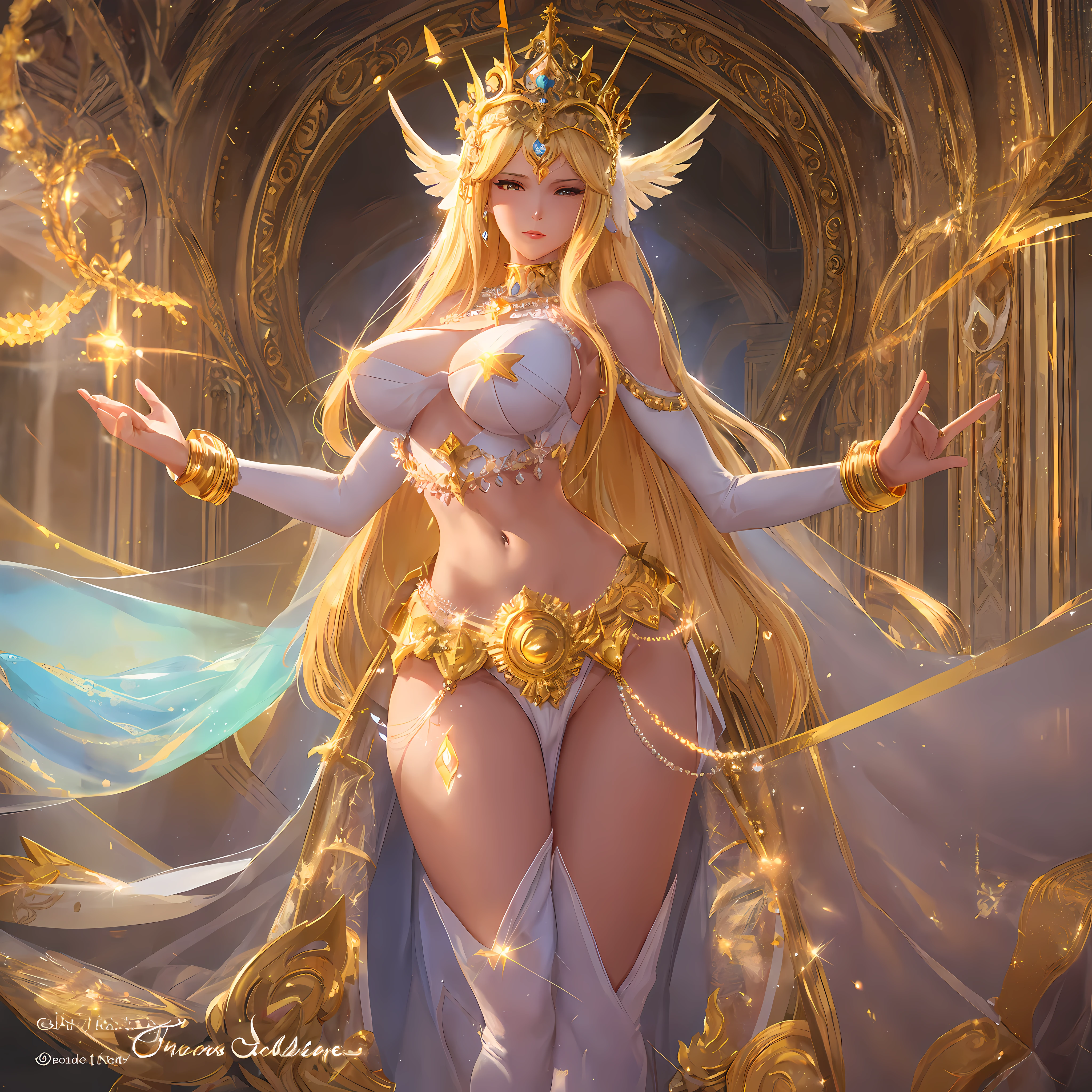 arafed woman in a white bikini and gold crown standing in a tunnel, cinematic goddess body shot, goddess of light, the sailor galaxia. beautiful, celestial goddess, a beautiful fantasy empress, golden goddess, as the goddess of the sun, goddess of the sun, cinematic goddess shot, golden goddess athena, full body cgsociety, angelic golden armor