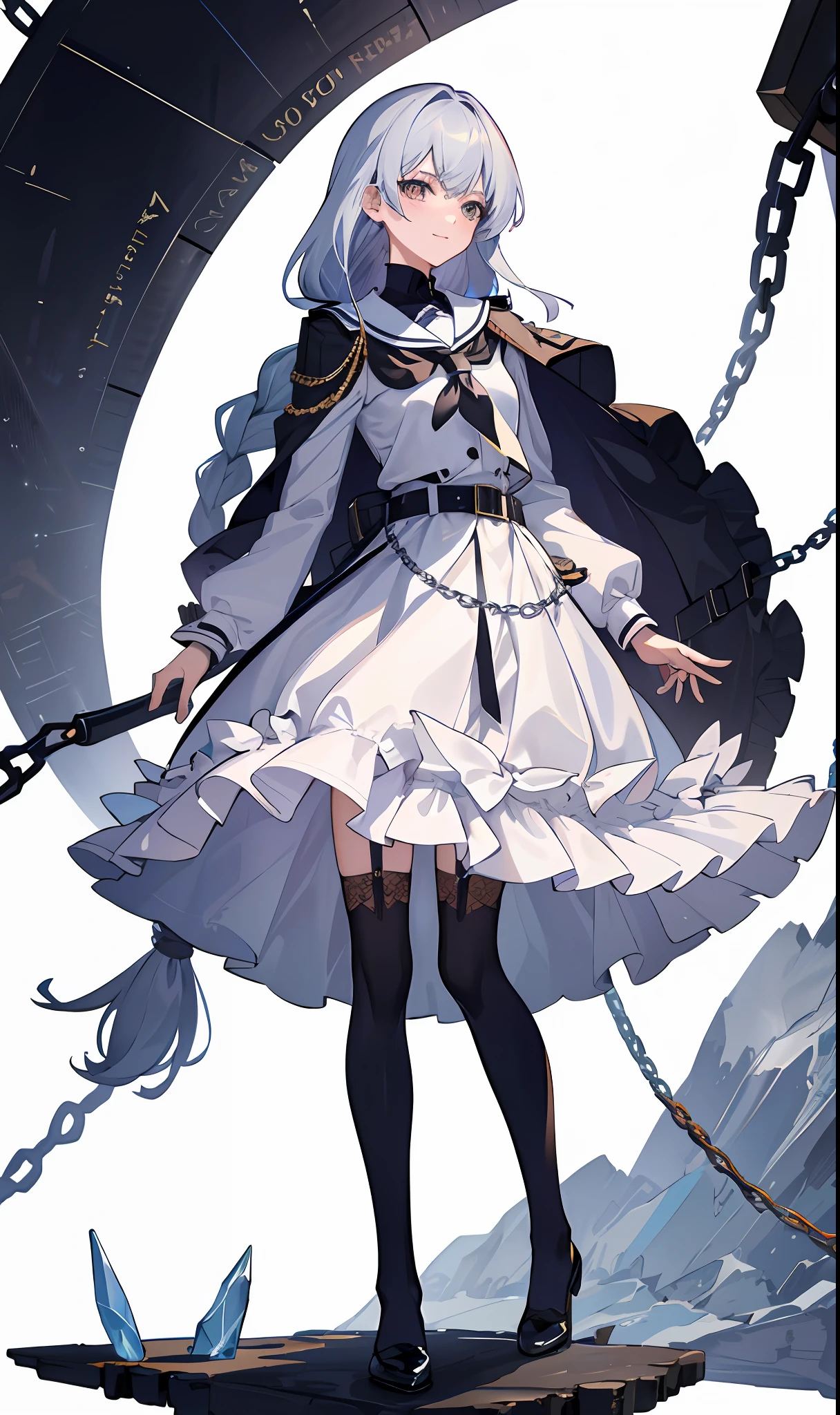 (masterpiece, top quality), 1 female, adult,, late twenties, solo, (full body)), white background, (front angle)), front view, straight forward, flat background, standing, detail uniform, sophisticated clothing, pastel colours, white skirt, sailor colours, sailor suit, gray hair, blue hair, long hair, princess cut, braided hair, transparent, smile, crystal, diamond, military uniform design, chain, belt, metal accessory, fashion fashion, light skirt, layered corde, garter belt, editorial fashion, synth wave, organdy, (sera fuk dress), goth loli fashion, long skirt, belt chain, transparent cloth cloak wrapped around the waist, stand upright, character design, still view, military uniform design, thin belt hanging from skirt, 30 years old, erect, upright