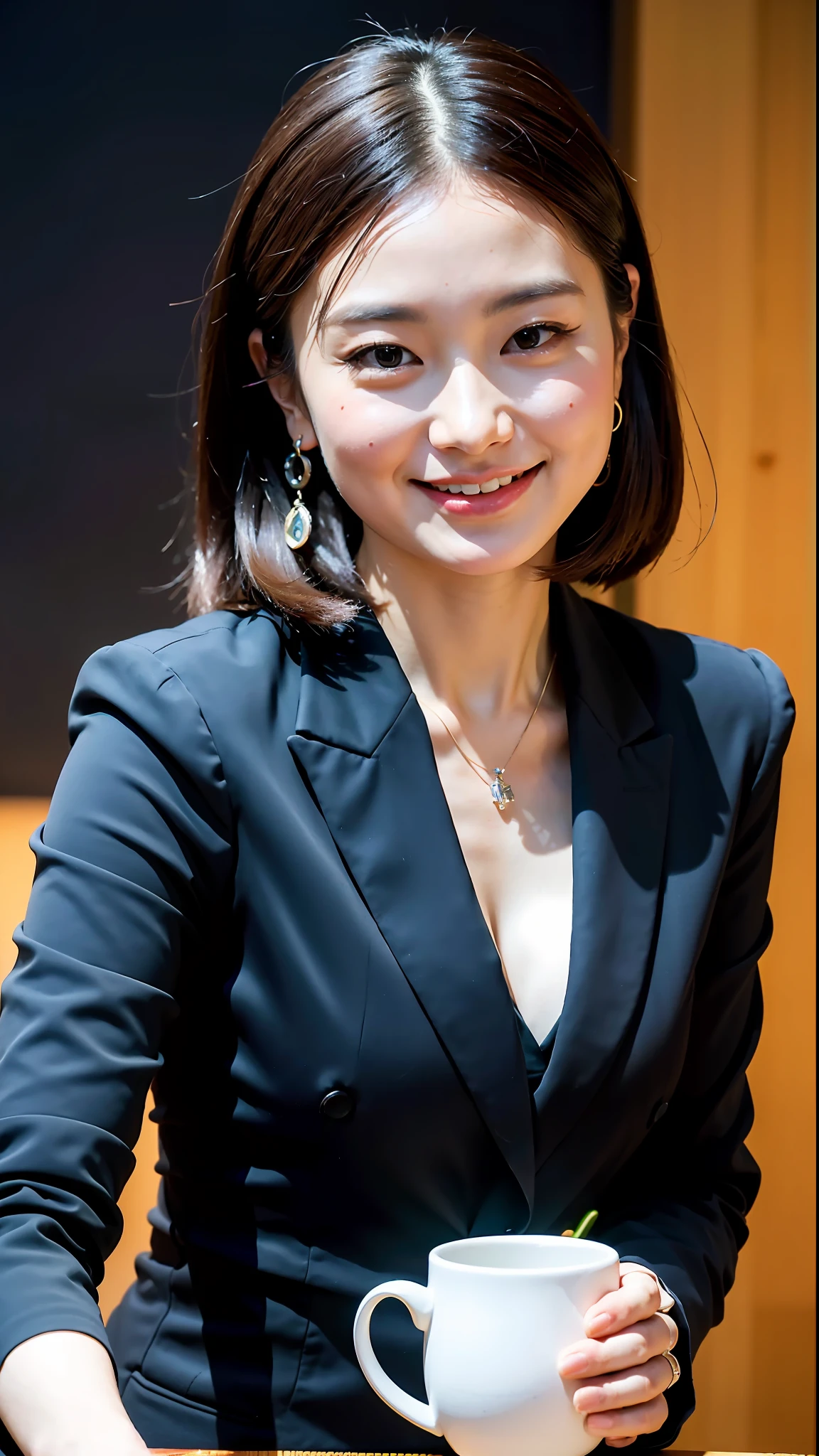 (Best quality, 8k, 32k, Masterpiece, UHD:1.2),Photo of Pretty Japanese woman,(detailed face:1.1), simple black suit, (looking at viewer:1.1),upper body,necklace,dress shirt,skirt,holding mug,reaching out,smile
