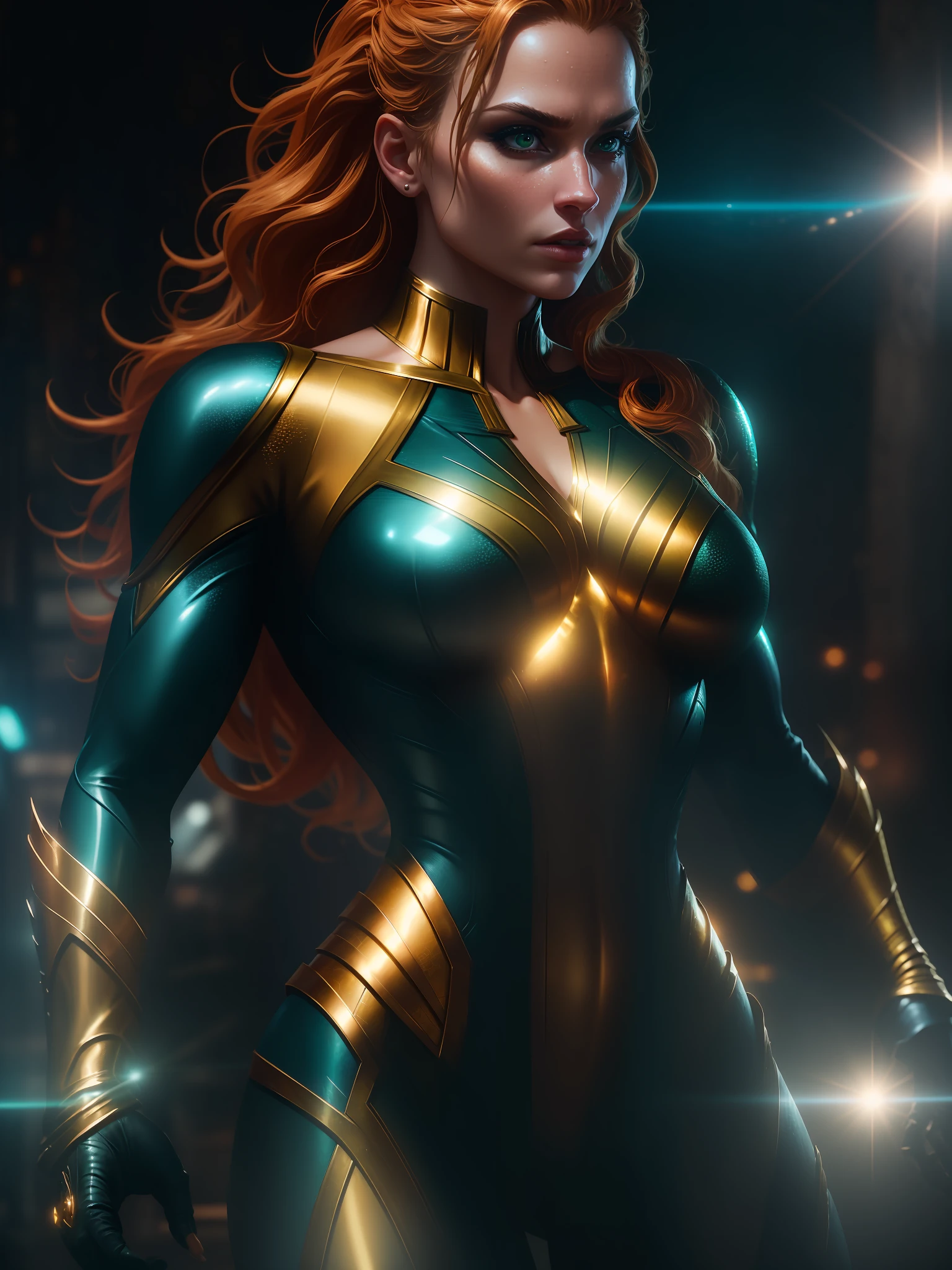 Movie scene, close-up shot of Woman dressed as Aquaman from DC, distorted space, distorted undead in the background, lens flares, light shafts, intricate details, high detailed, volumetric lighting, 4k rendering, stock photo, hyperrealistic, realistic textures, dramatic lighting, Unreal Engine