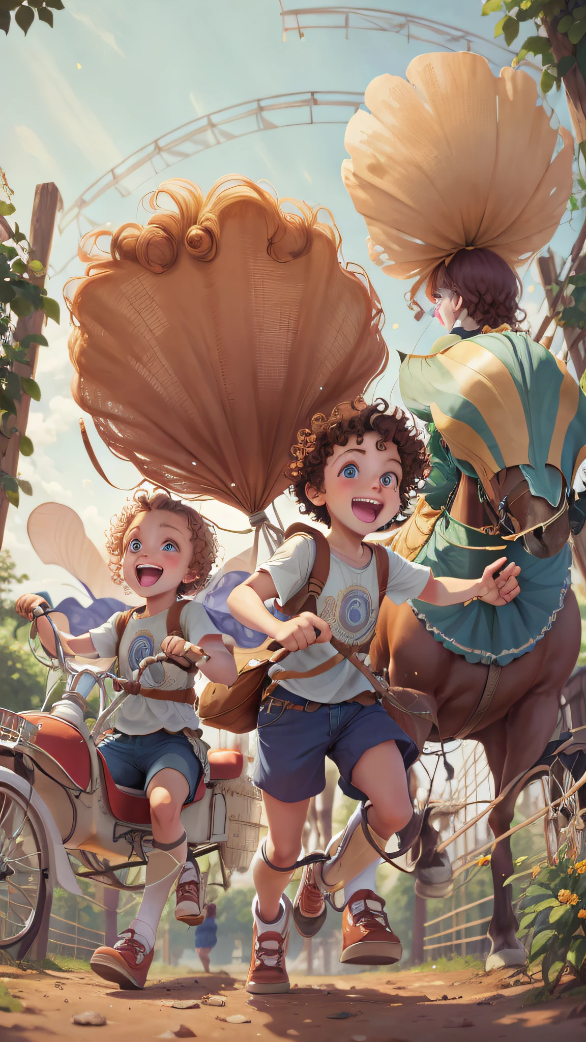 TWO TWIN GIRLS, CURLY HAIRED, BRUNETTES, RIDING HORSES