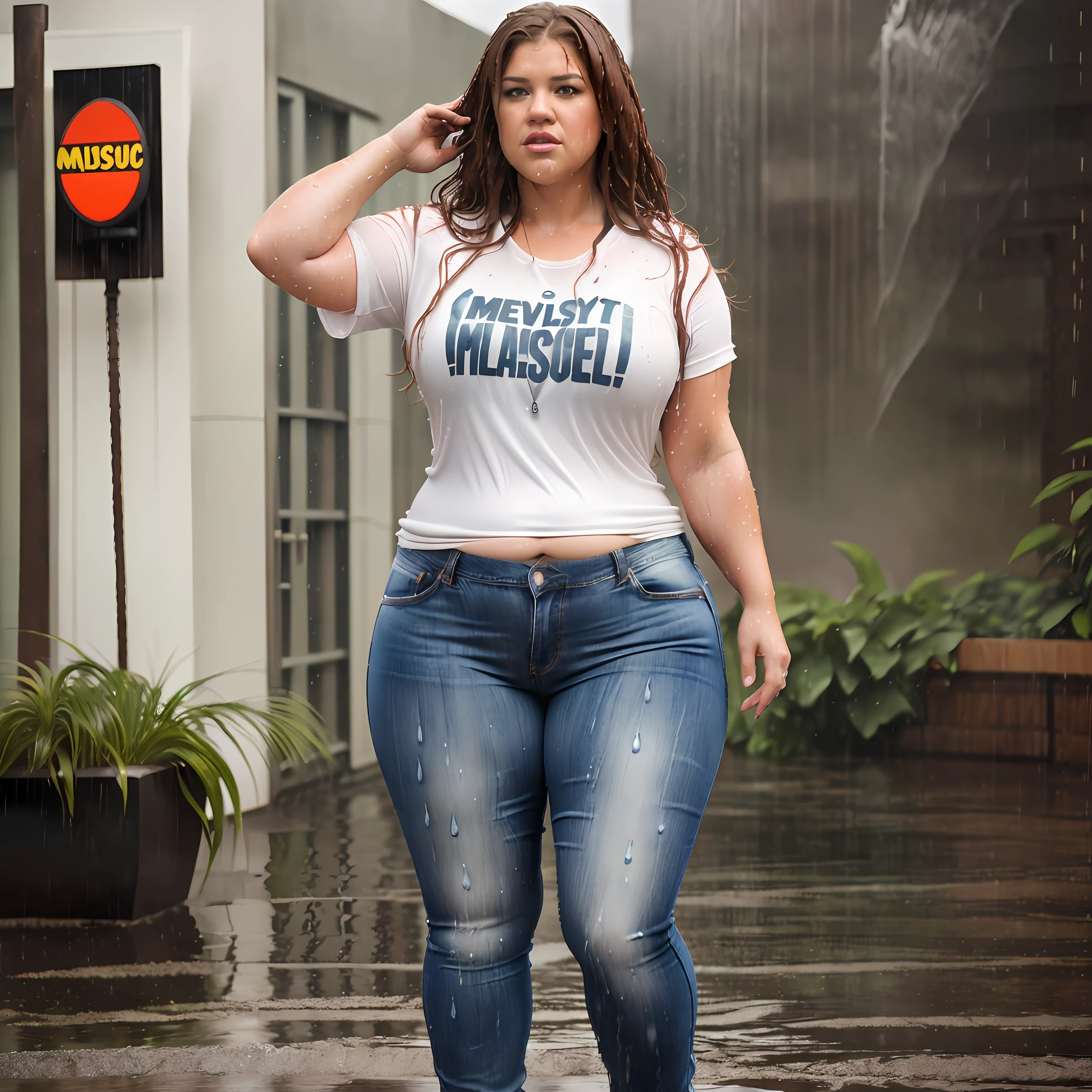 ((Overweight)) ((chubby)) Kelly Clarkson, long brown hair, wearing jeans, t-shirt and runners, subject is standing outside in the rain, looking seductive, teasing, playful, sexy pose ((wet clothes:1.1)) (((full body shot))) (((view front on))) (masterpiece) ((cinematic look)) —v 4