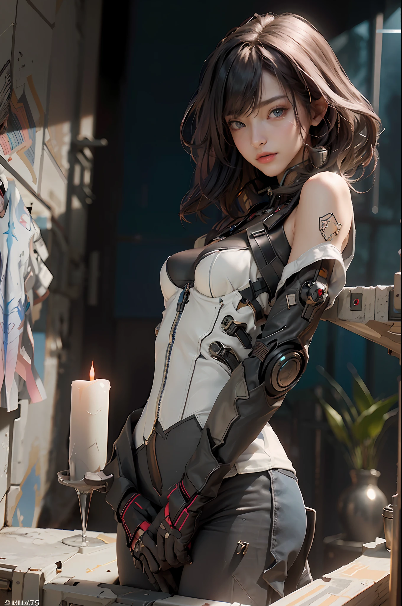 (Best Quality), (Masterpiece), (Details: 1.4), 3D, Cyberpunk Style, ((Straight Look)), Bust, Perfect Face, ((Close-up of Face)), Perfect Fingers, Perfect Figure, A Beautiful Cyberpunk Female Image Facing Up, (Standing), (Upright), Action Pose, ((High Detail Skin, Visible Pores)), (Small Breast: 1.3), Collar, Tight Clothing, (Firearms), Battlefield, HDR (High Dynamic Range), Ray Tracing, NVIDIA RTX, Super-Resolution, Unreal 5, Subsurface Scattering, PBR Textures, Post-processing, Anisotropic Filtering, Depth of Field, Maximum Clarity and Sharpness, Multi-Layer Textures, Albedo and Highlight Mapping, Surface Shading, Accurate Simulation of Light-Material Interactions, Perfect Proportions, Octane Render, Bi-color Light, Large Aperture, Low ISO, White Balance, Rule of Thirds, 8K RAW,
