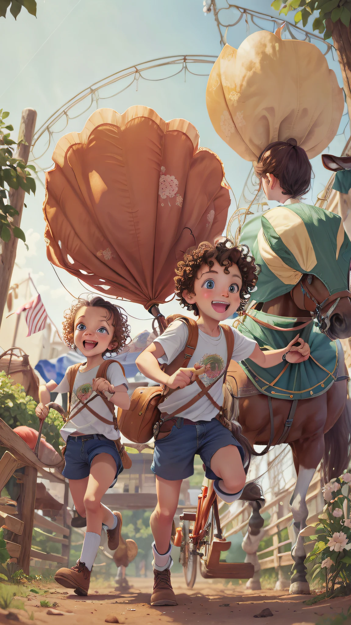 TWO TWIN GIRLS, CURLY HAIRED, BRUNETTES, RIDING HORSES