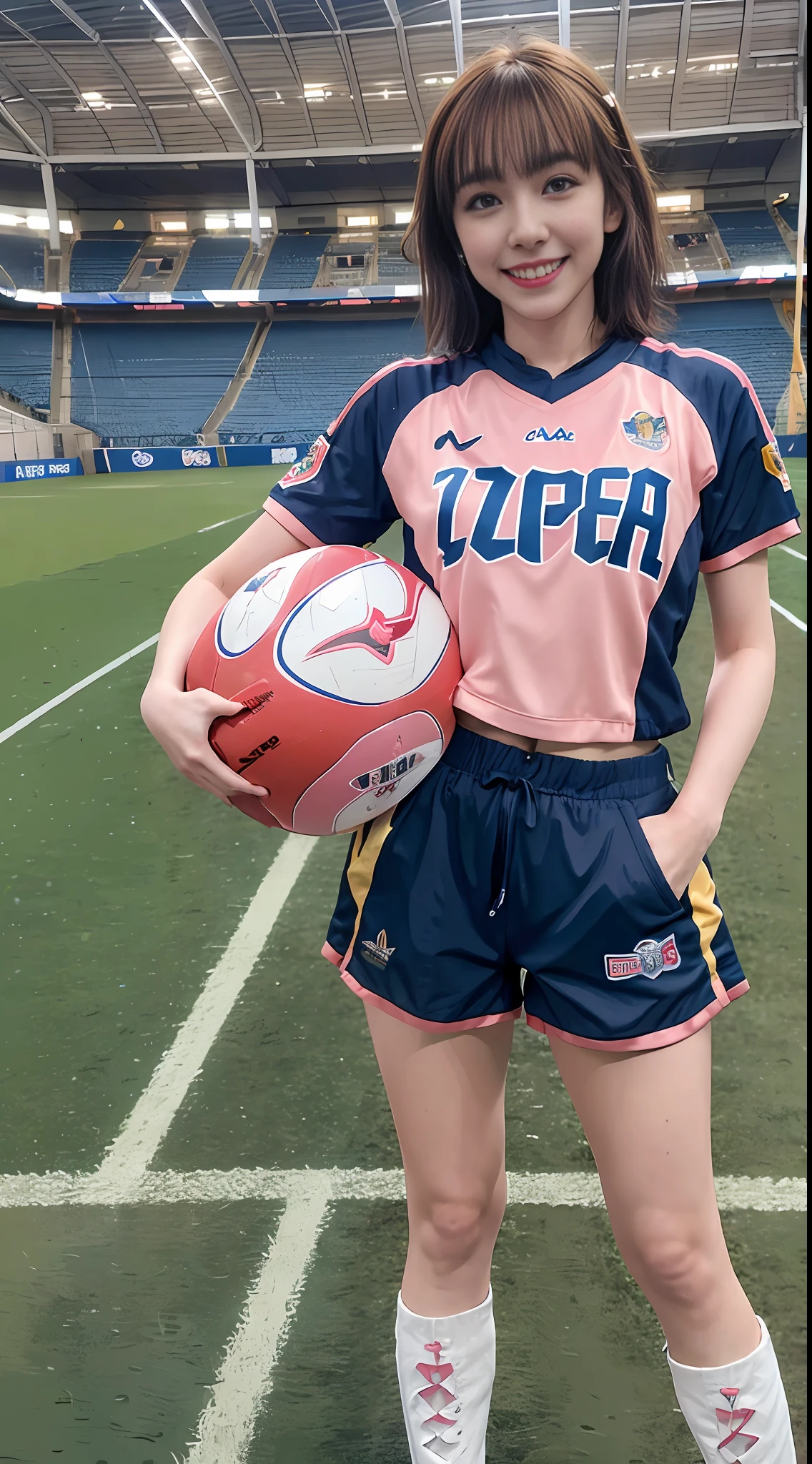 cute european girl, ((best quality, masterpiece, super high resolution)), (realistic: 1.4), highly detailed, professional lighting, smile, playing football, in stadium, dark blonde hair, short wolf cut, cute blue eyes and charming pink lips, wearing tight football shirt, football shorts, futsal boots, rushing to football, standard round football, snowy atmosphere, super realistic and cinematic, super detailed resolution image, 8k graphics, large stadium, full body, super close view