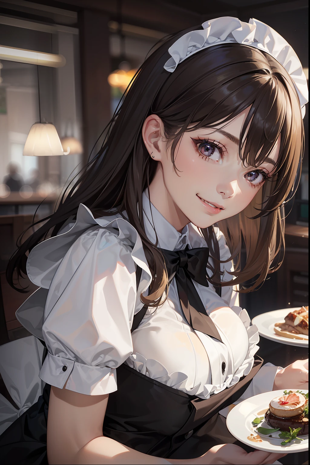 ((Best Quality:1.2, 8k, Sharp Focus, photo realistic:1.2, Masterpiece: 1.4, back Light, Ultimate Girl, Highly Detailed Facial Textures, Highly Detailed Facial Textures, detailed beauty makeup: 1.2, realistic skin, detailed eyes, detailed bangs)), ((waitress clothes)),(coffee shop background), head tilt, huge breast:1.2, light brown hair, Grinning ear to ear, from above
